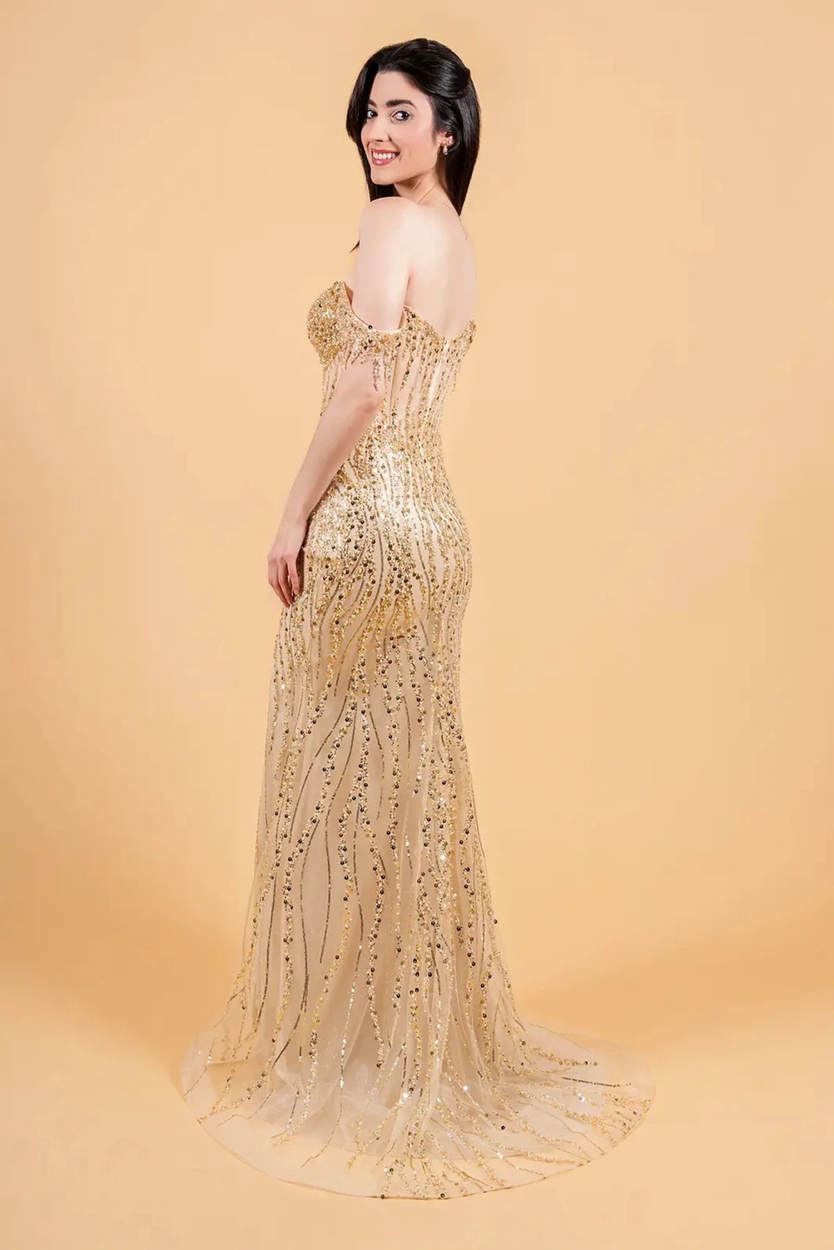 Champagne prom evening dress full back with back detail