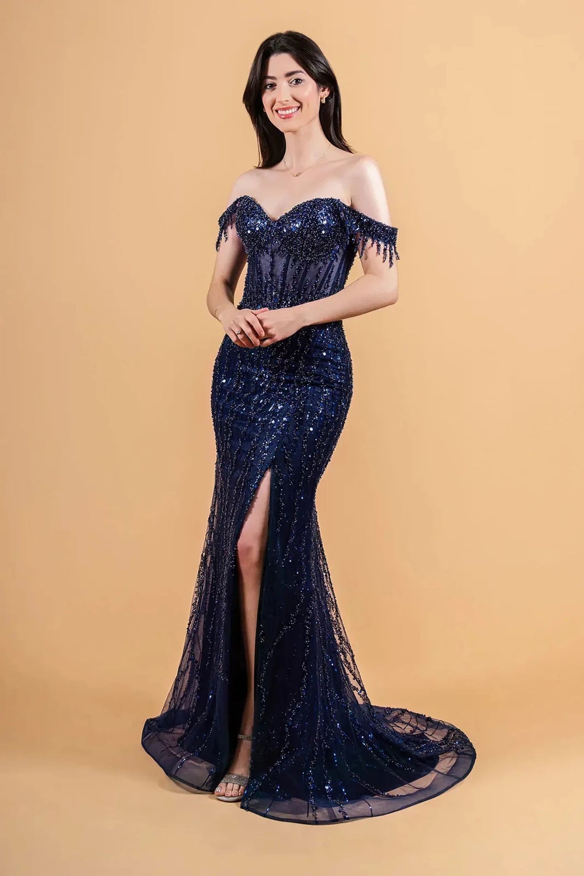 Navy sequin prom evening dress full front