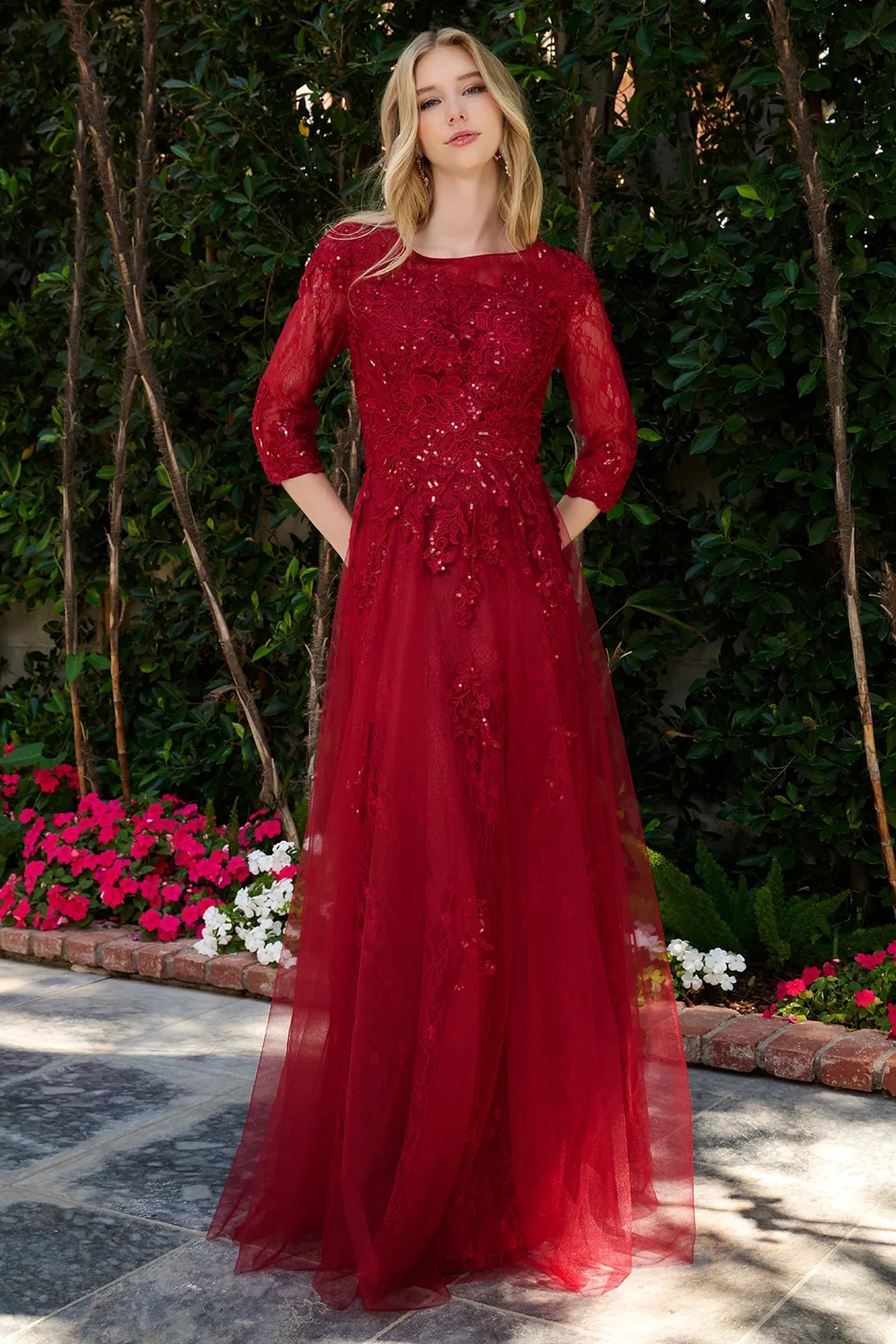 Burgundy lace, mesh a-line mother of the bride dress with boat-neck