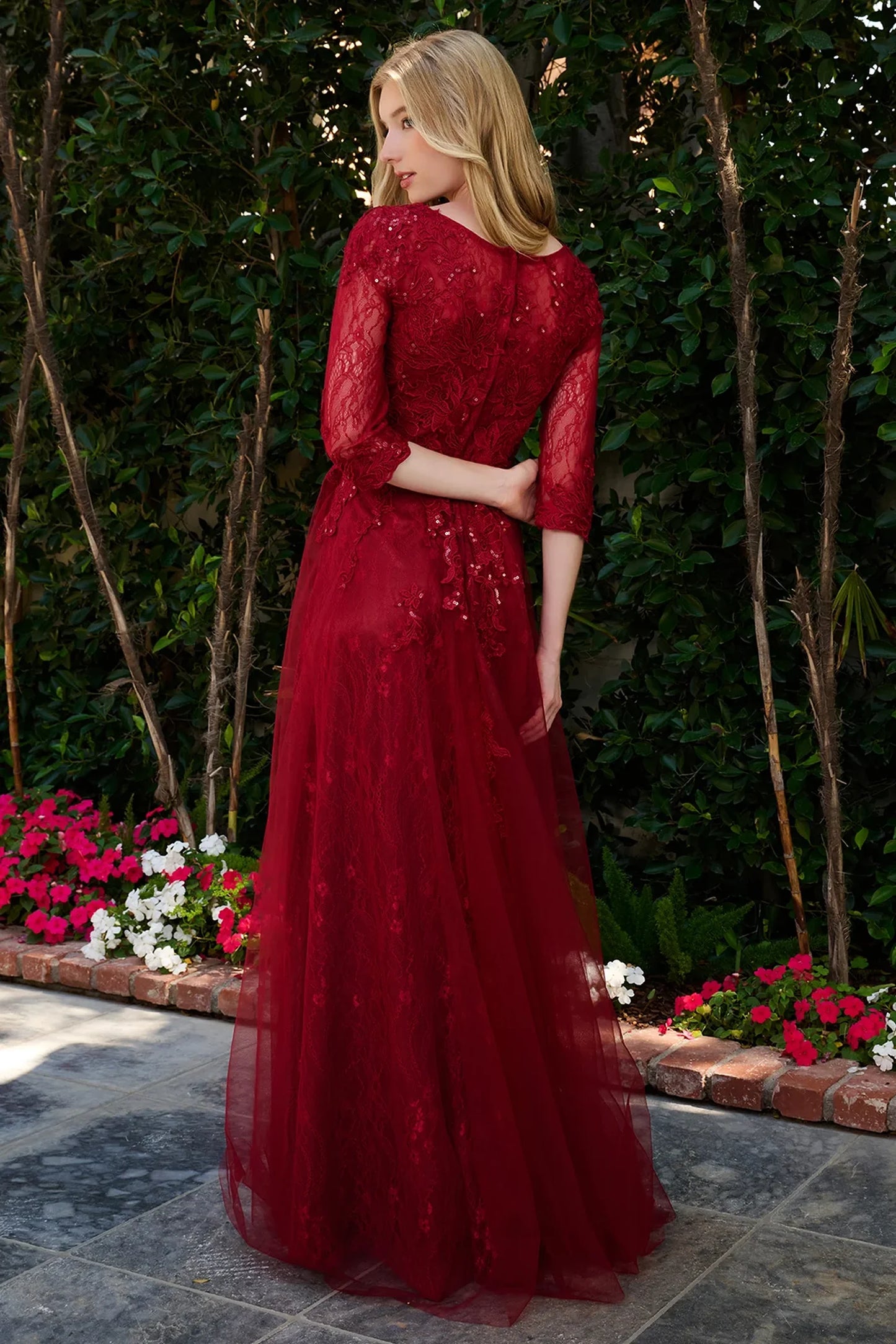 Burgundy a-line mother of the bride dress with concealed zipper back and 3/4 sleeve