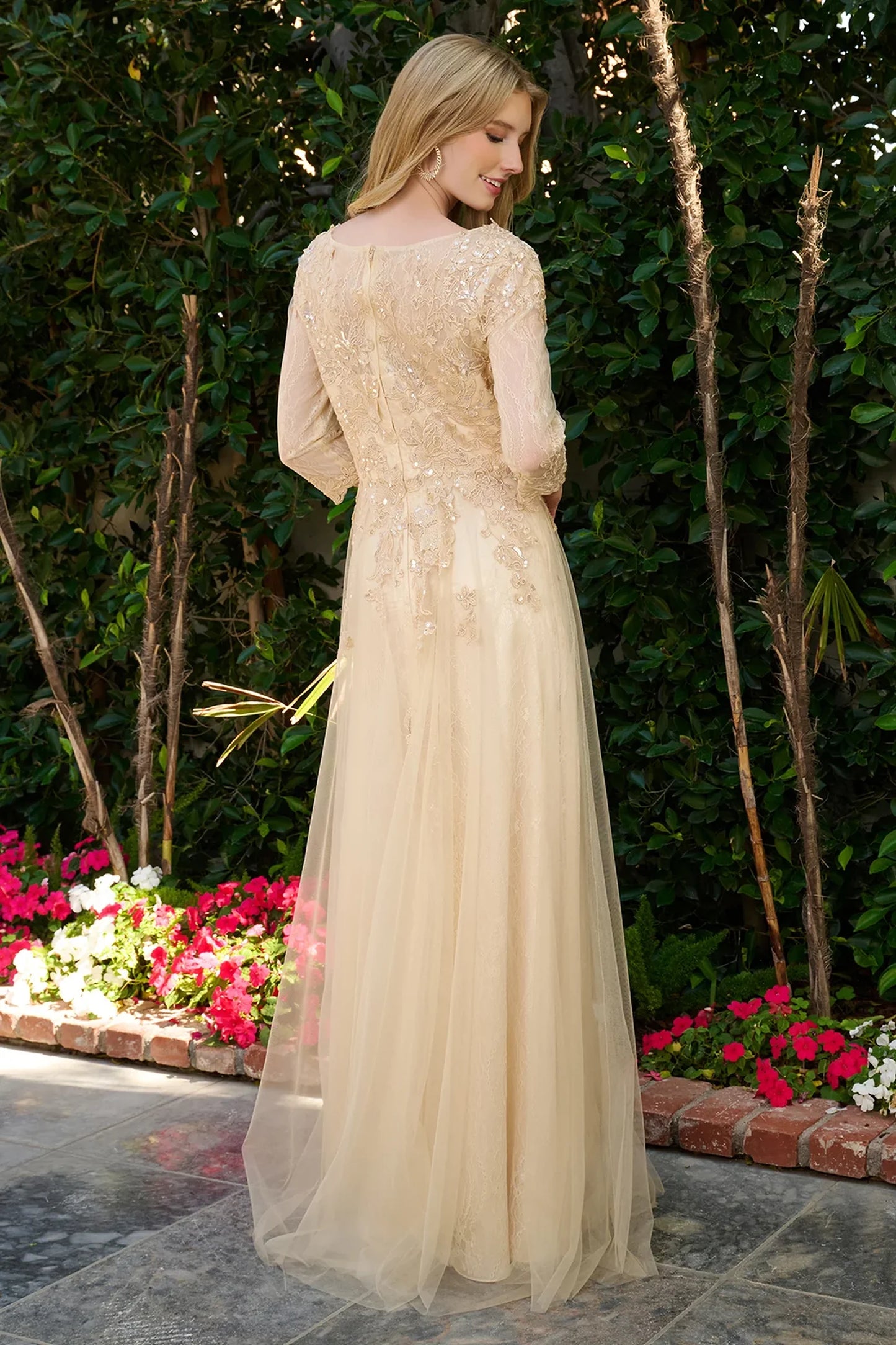 Champagne a-line mother of the bride dress with concealed zipper back and 3/4 sleeve