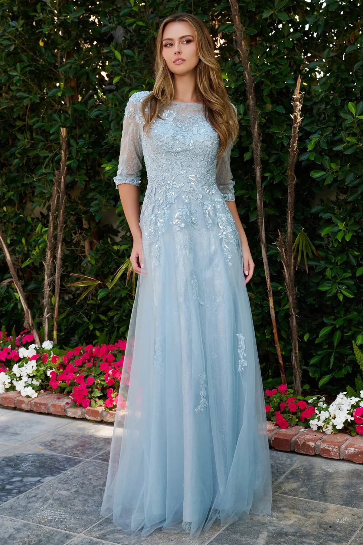 smoky blue dress Sequins Embroidery Lace Mother of the Bride A-Line – American Stride modest dusty blue dress