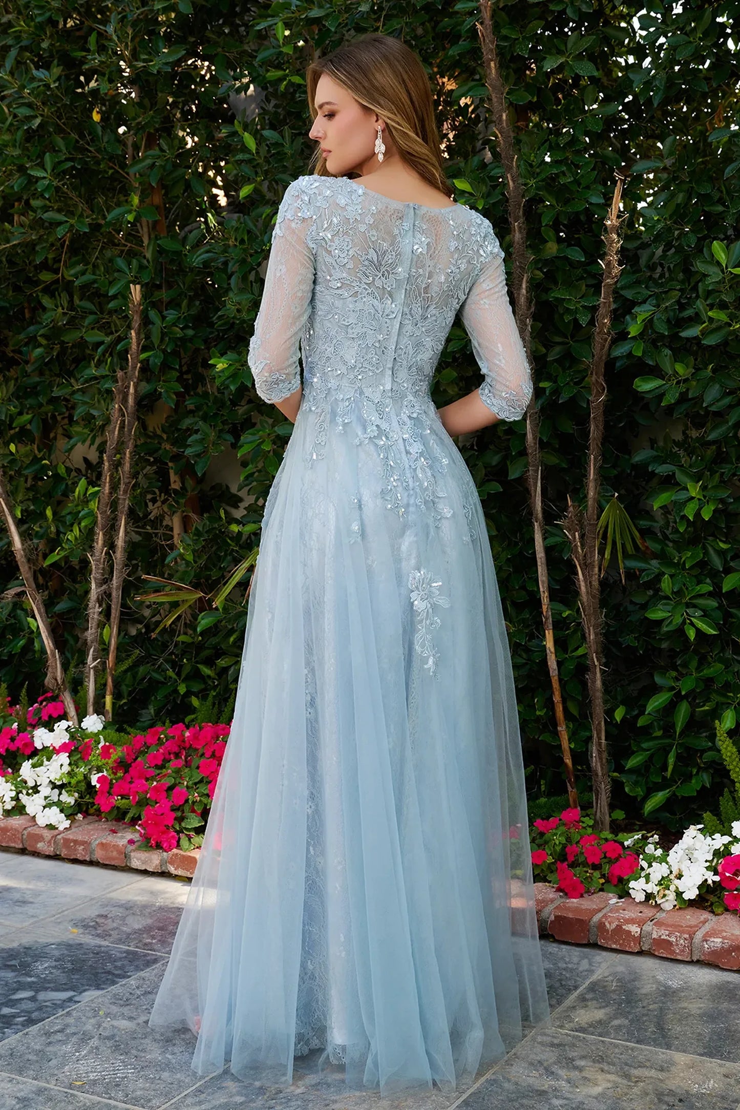 Smoky Blue a-line mother of the bride dress with concealed zipper back and 3/4 sleeve