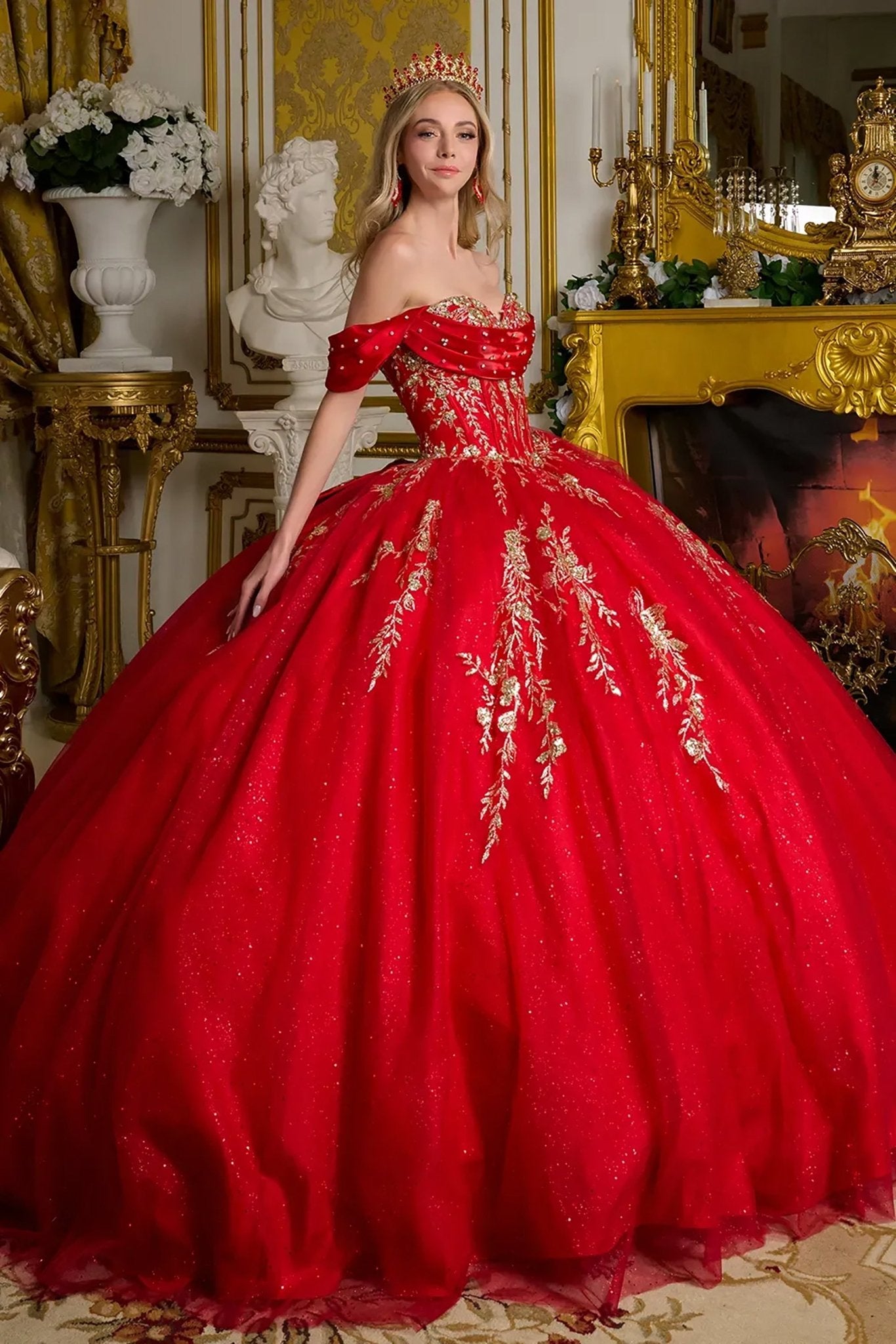 Quinceañera | Red Ball Gown with Pleated Off-Shoulder Straps, and Glitter Details | Evelisse dress side view