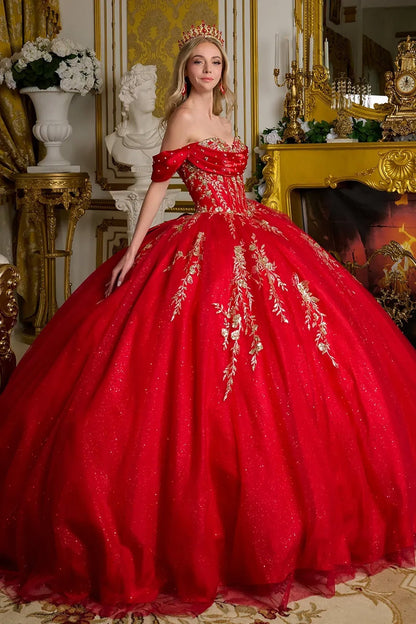 Quinceañera | Red Ball Gown with Pleated Off-Shoulder Straps, and Glitter Details | Evelisse dress side view