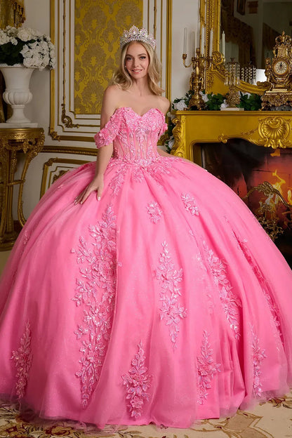 Woman in a pink ball gown with floral embroidery in an ornate room.