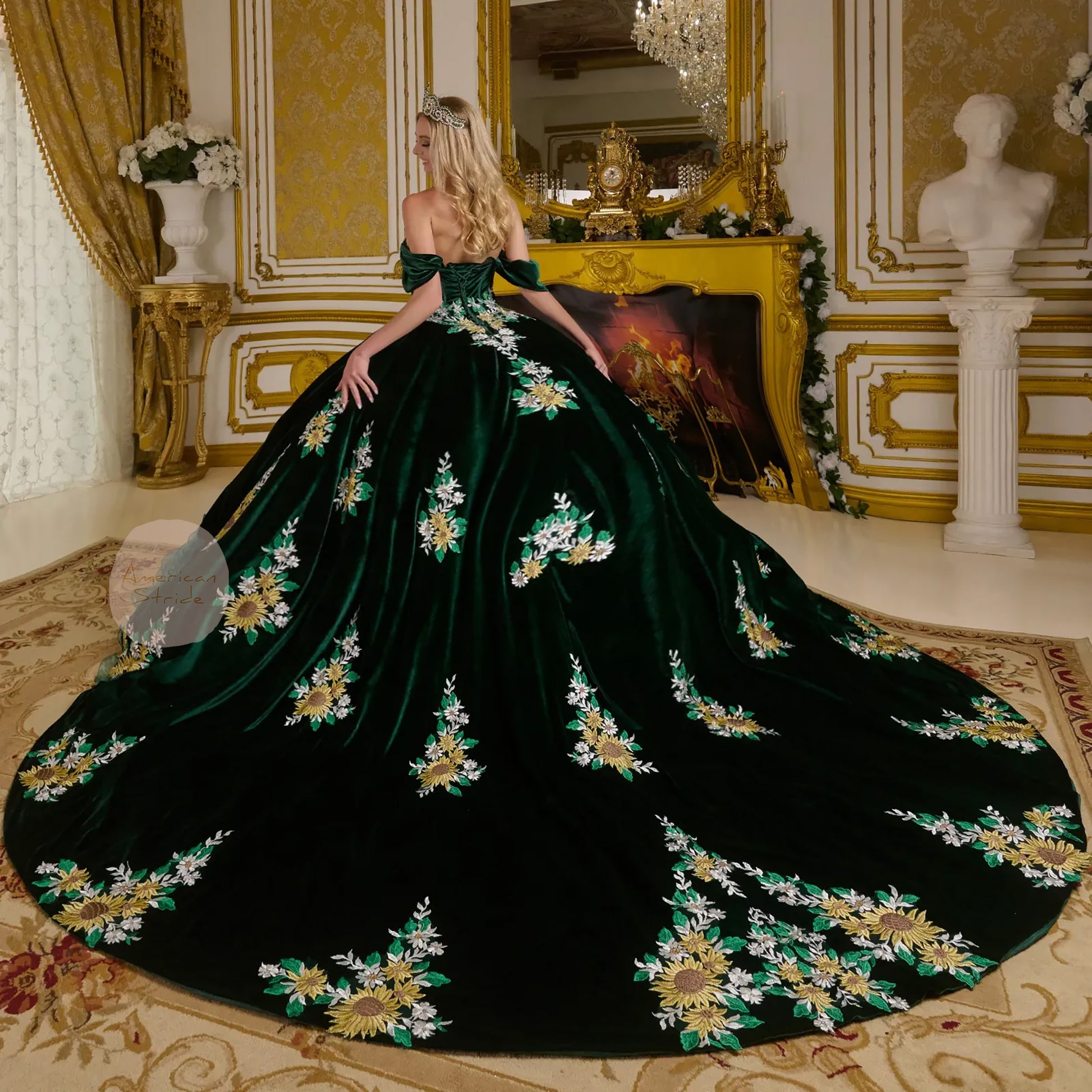 Dark Green Velvet and Organza Charro Ball Gown with Floral Embroidery and Ruffled Overlays | Feliciana dress