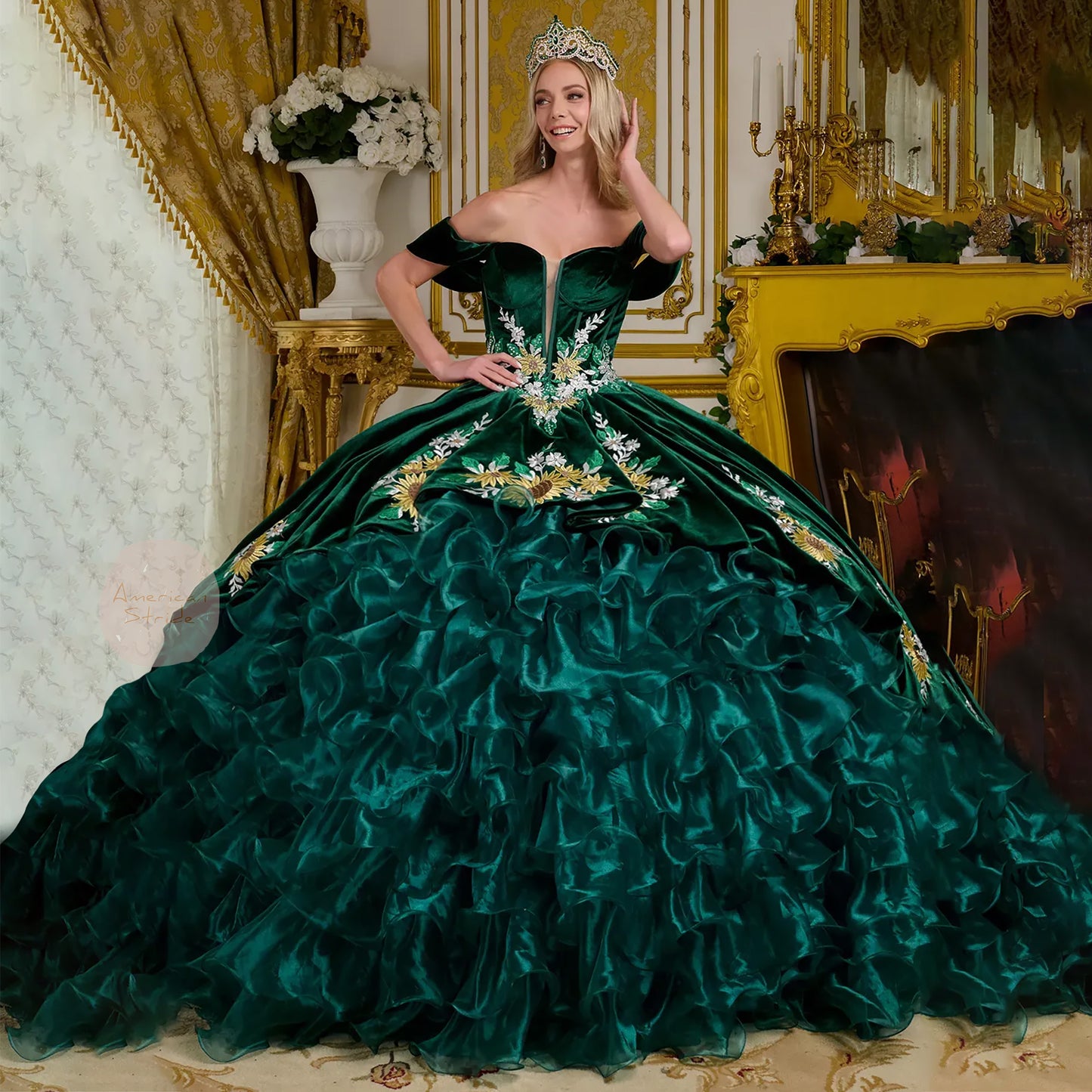 Dark Green Velvet and Organza Charro Ball Gown with Floral Embroidery and Ruffled Overlays | Feliciana dress front view