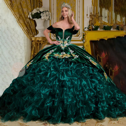 Dark Green Velvet and Organza Charro Ball Gown with Floral Embroidery and Ruffled Overlays | Feliciana dress front view