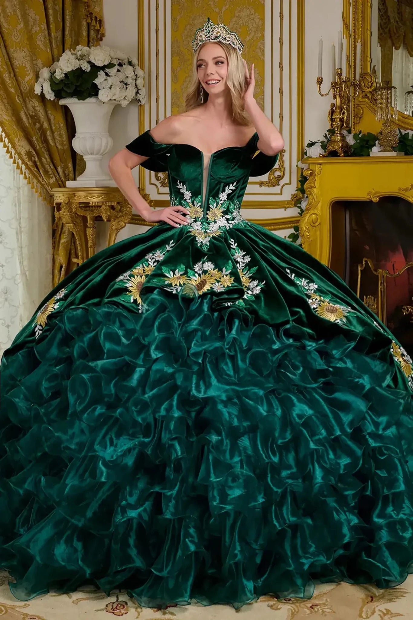 green charro quinceanera dress with velvet top and skirt. floral embroidery on the skirt