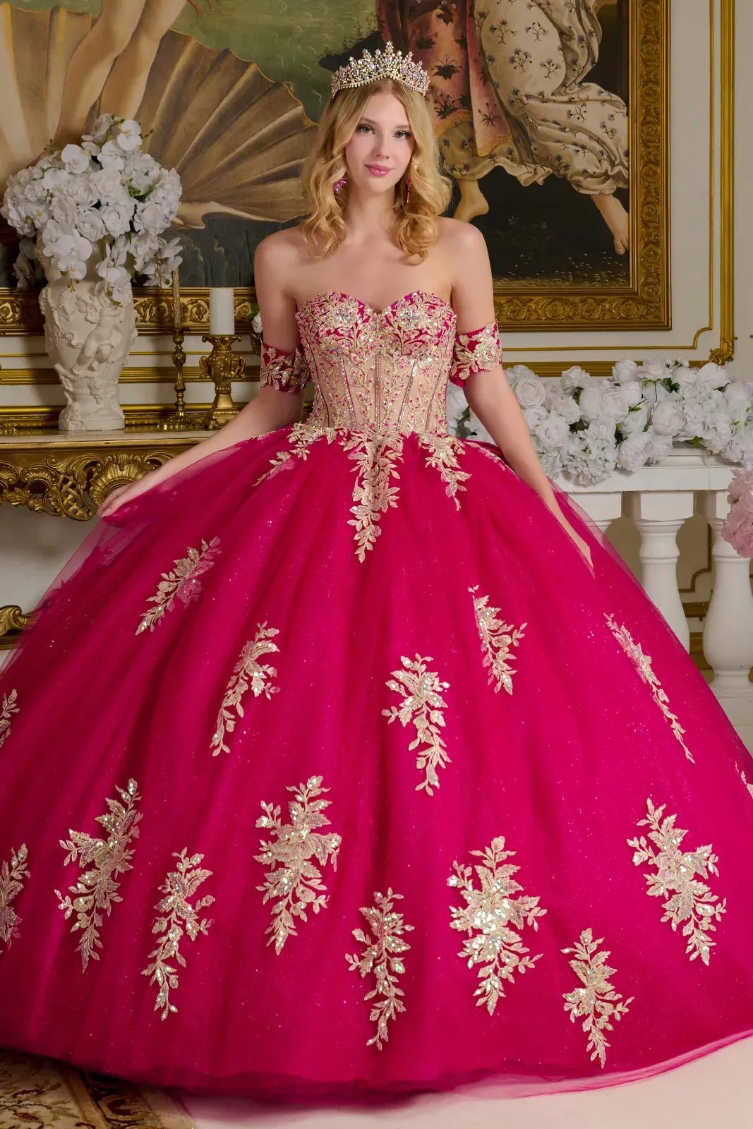 Quinceañera | Fuchsia Ball Gown with Sheer Sweetheart Bodice, Glitter Skirt, and Detachable Bow | Laurencia dress front view