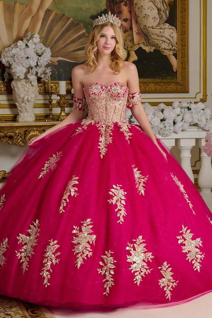 Quinceañera | Fuchsia Ball Gown with Sheer Sweetheart Bodice, Glitter Skirt, and Detachable Bow | Laurencia dress front view