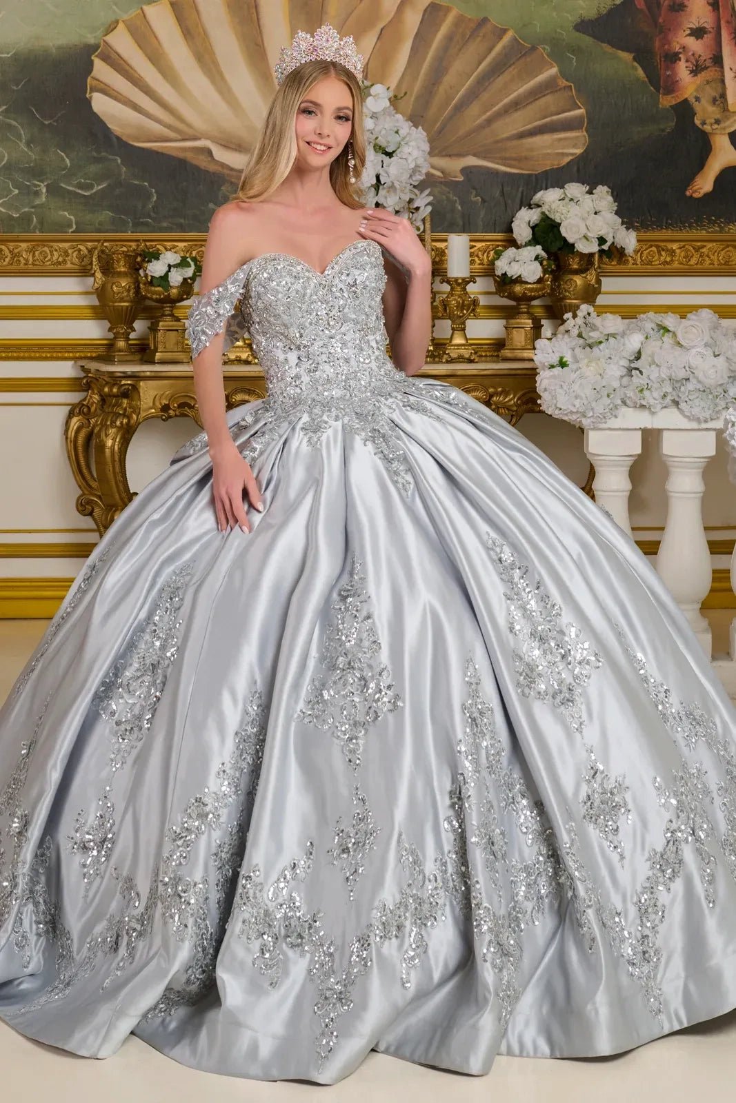 Quinceañera | Silver Satin Ball Gown with 3D Floral Appliques and Detachable Bow | Mireia dress