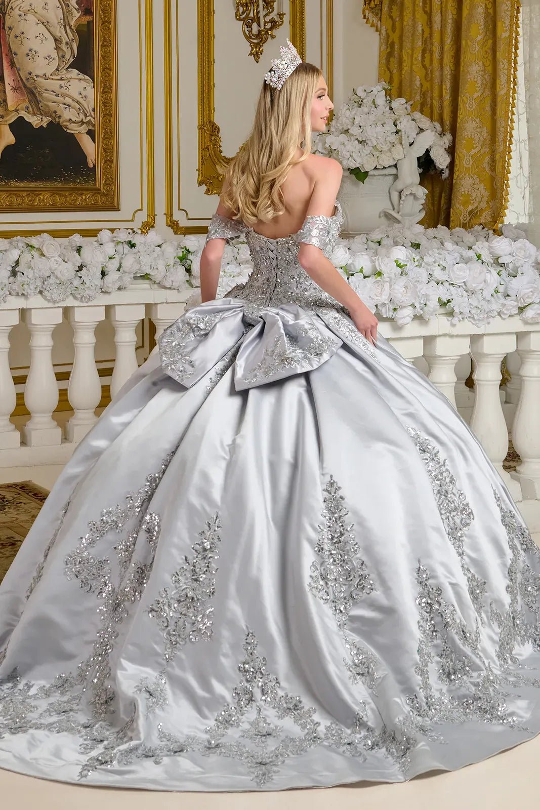 Quinceañera | Silver Satin Ball Gown with 3D Floral Appliques and Detachable Bow | Mireia dress back view