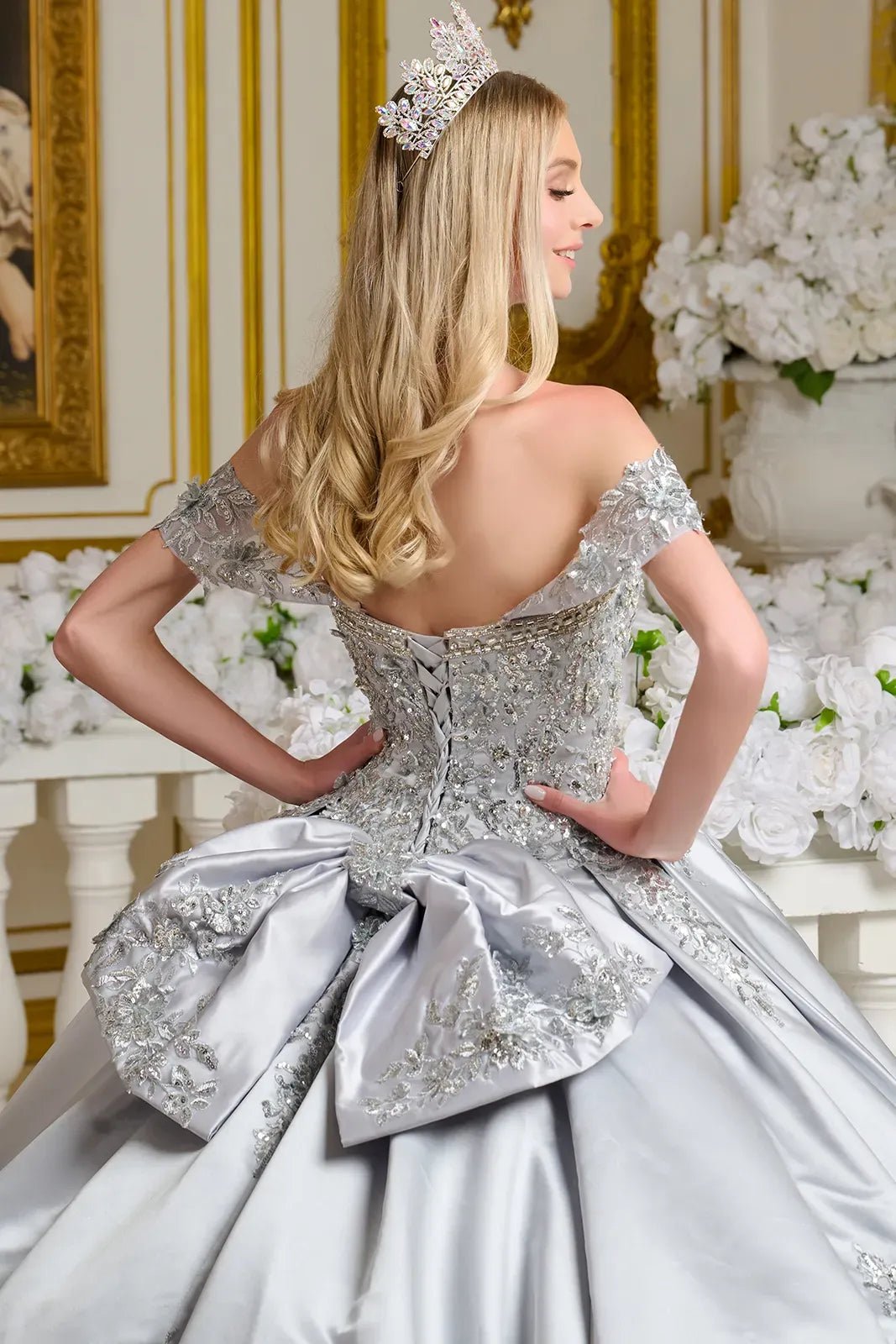 Quinceañera | Silver Satin Ball Gown with 3D Floral Appliques and Detachable Bow | Mireia dress back zoom