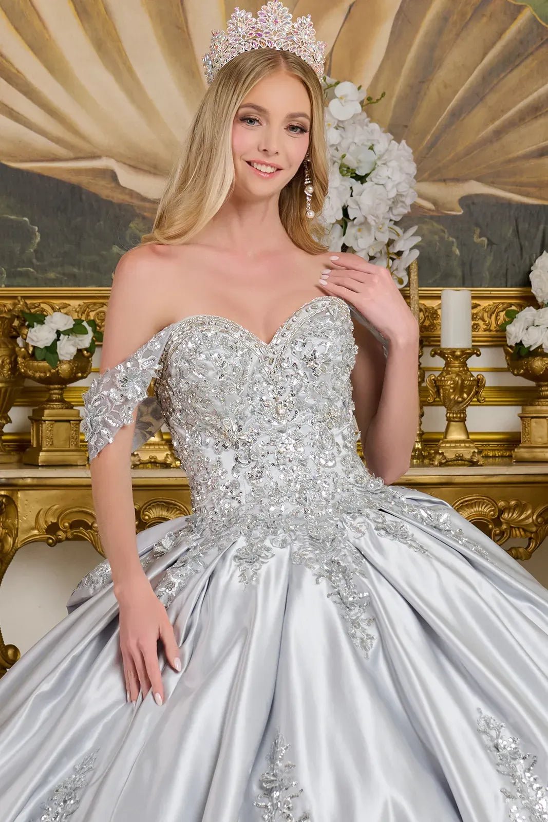 Quinceañera | Silver Satin Ball Gown with 3D Floral Appliques and Detachable Bow | Mireia dress front zoom