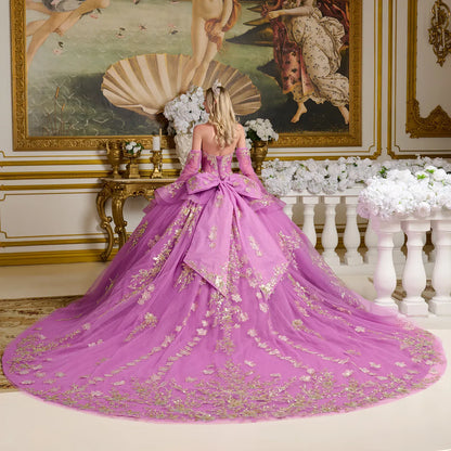 Quinceañera | Purple Ball Gown with Sheer Glitter Bodice, Ruffled Overlay, and Detachable Sleeves | Violeta dress back view