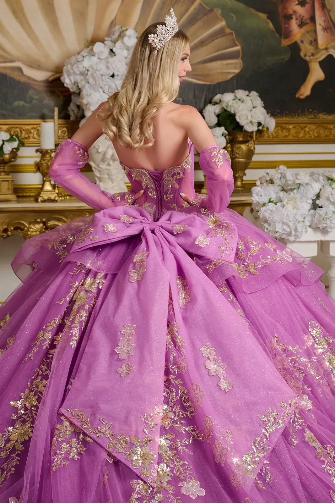 Quinceañera | Purple Ball Gown with Sheer Glitter Bodice, Ruffled Overlay, and Detachable Sleeves | Violeta dress back zoom
