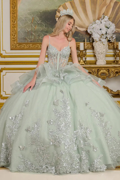 Quinceañera | Pale Green Ball Gown with 3D Butterfly Appliques, Ruffled Glitter Tulle, and Sheer Bodice | Betania dress front view