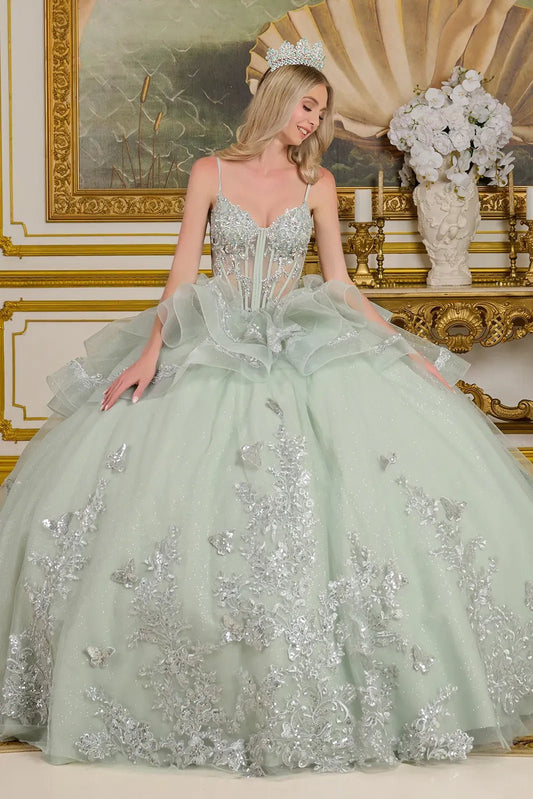 Quinceañera | Pale Green Ball Gown with 3D Butterfly Appliques, Ruffled Glitter Tulle, and Sheer Bodice | Betania dress front view