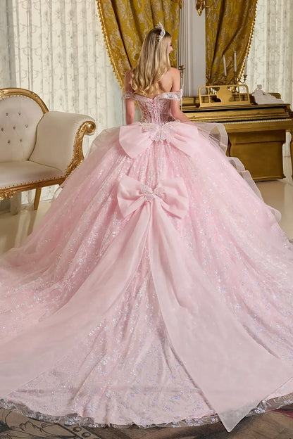 Woman in a pink ball gown with floral details with big ribbon in the back in an elegant room back view.