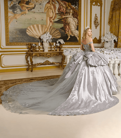Quinceañera | Silver Satin Ball Gown with 3D Butterfly Appliques, Bubble Hem, and Detachable Bow | Ángeles dress
