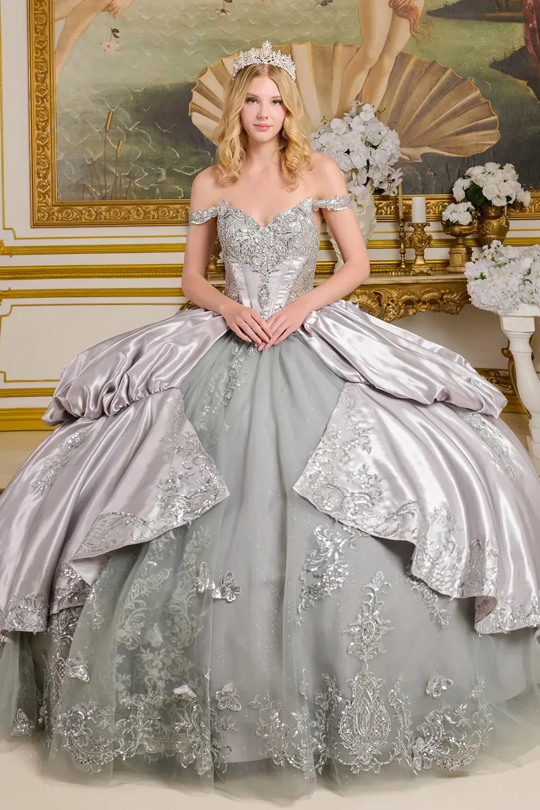 Quinceañera | Silver Satin Ball Gown with 3D Butterfly Appliques, Bubble Hem, and Detachable Bow | Ángeles dress front view