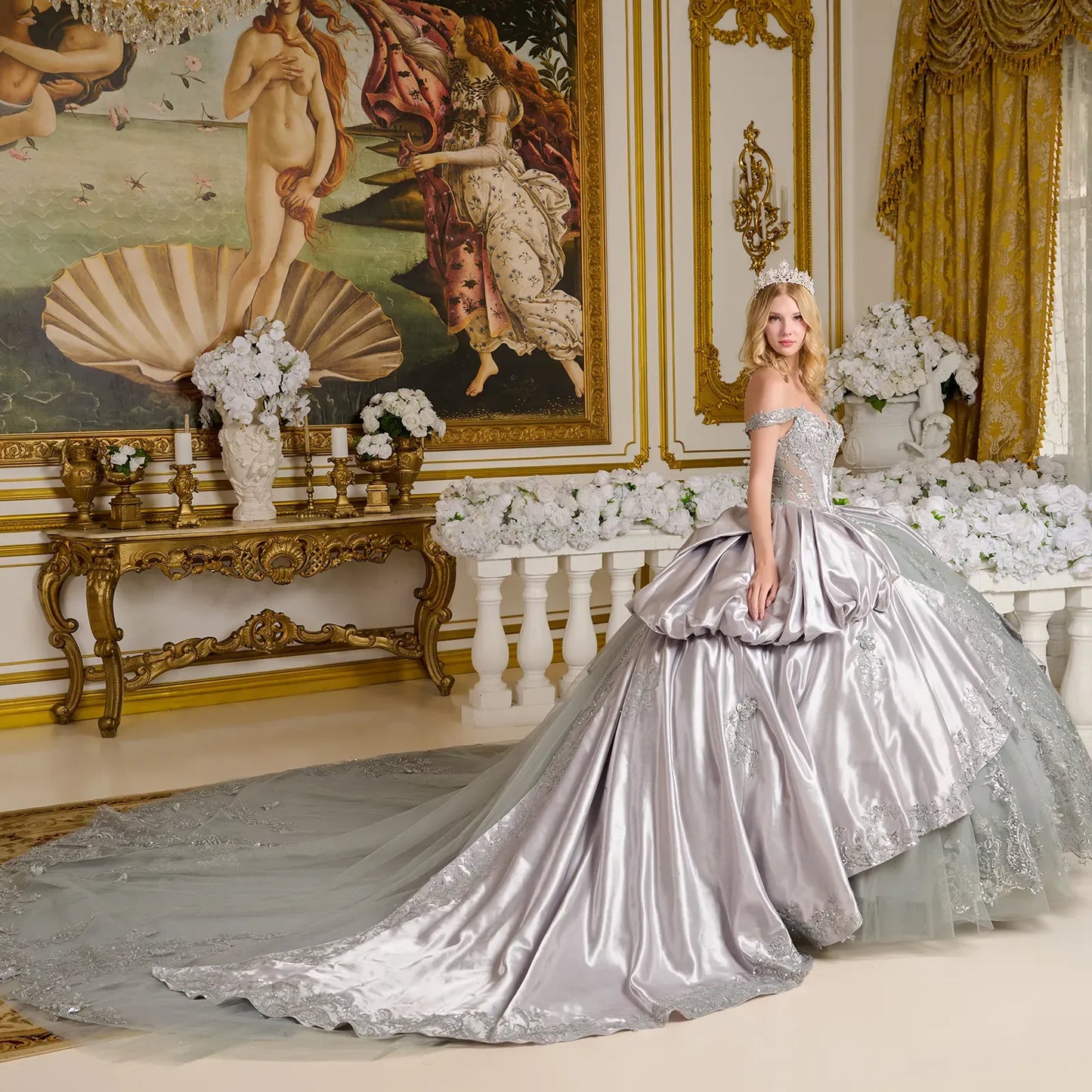 Quinceañera | Silver Satin Ball Gown with 3D Butterfly Appliques, Bubble Hem, and Detachable Bow | Ángeles dress side view