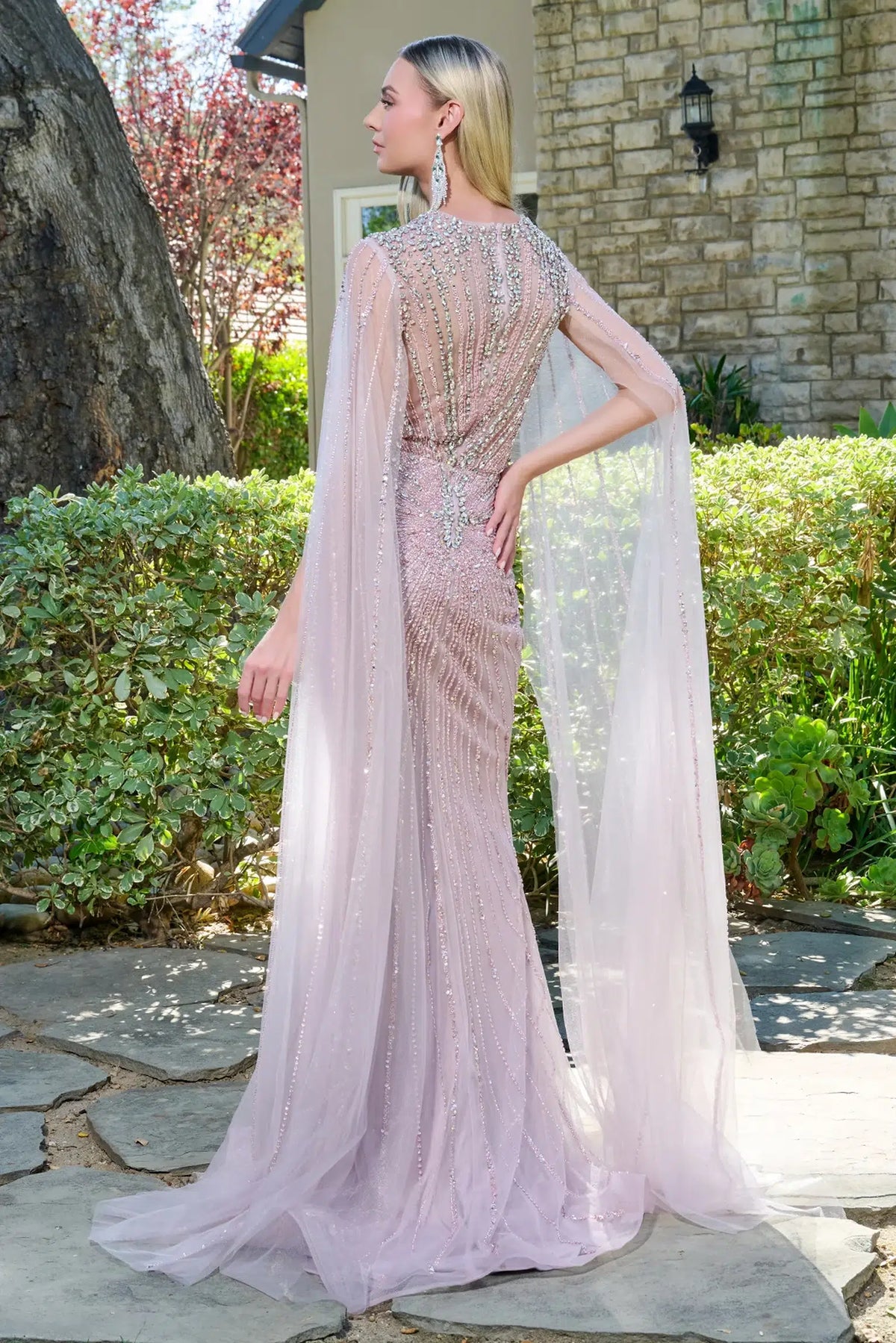 Dusty Rose mother of the bride dress with vertical crystal beading across the back