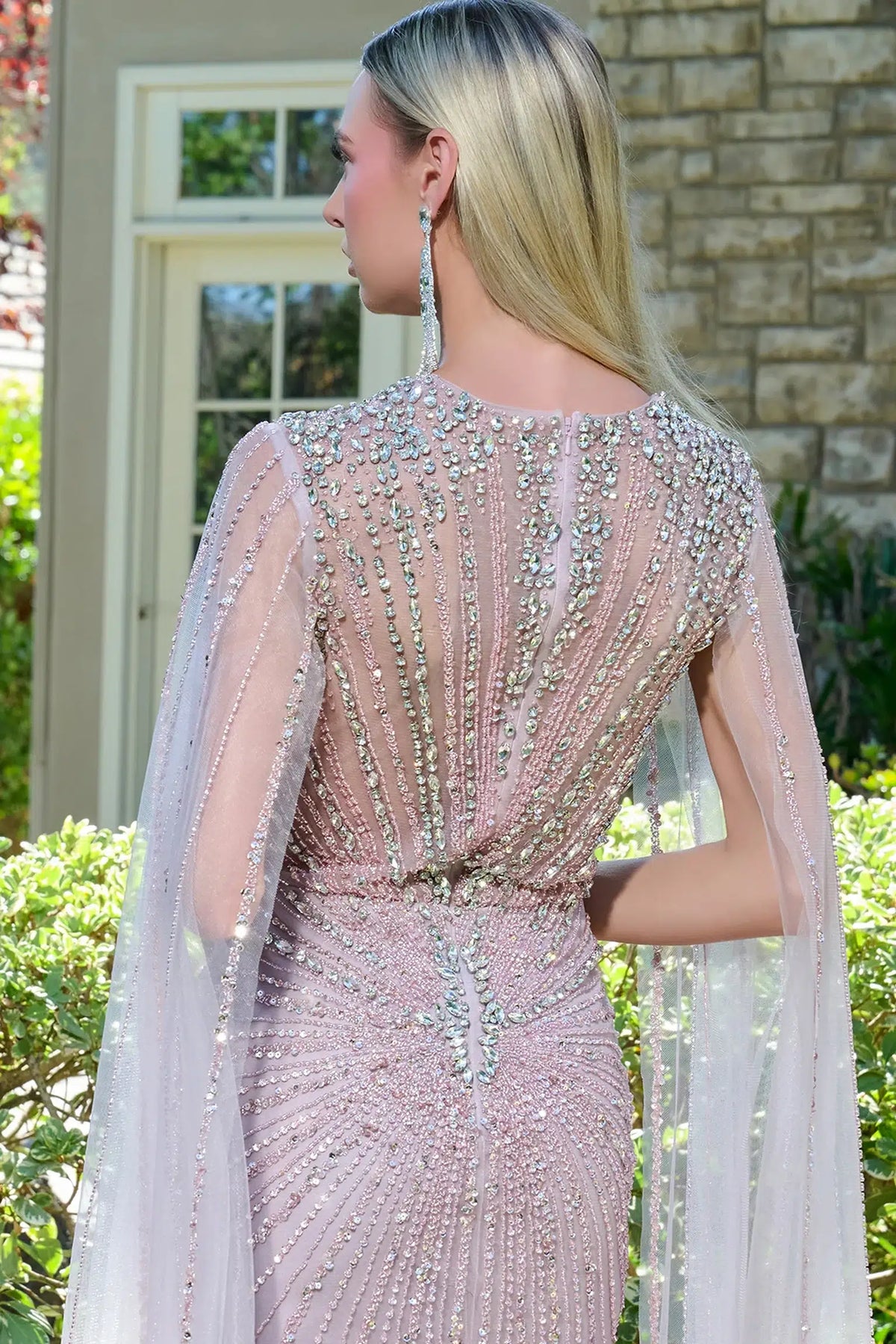 Dusty Rose mother of the bride dress with a high mesh back and crystal stripes