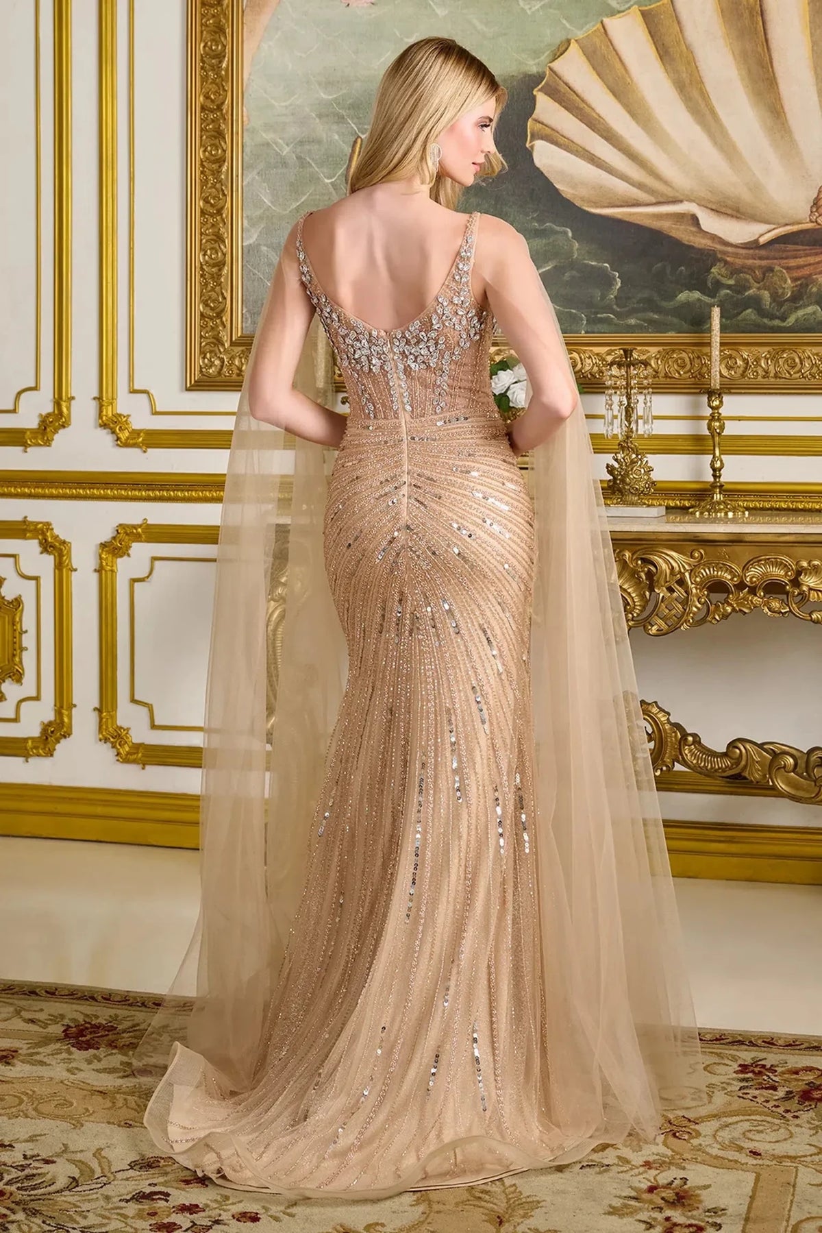 Champagne mother of the bride dress with a low scoop back and cape train