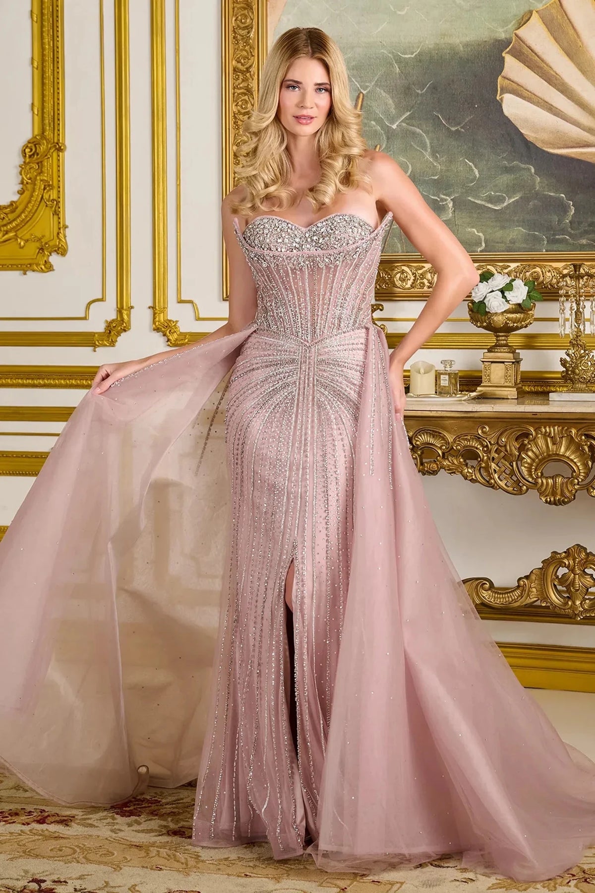 Dusty Rose beaded strapless prom evening dress full front