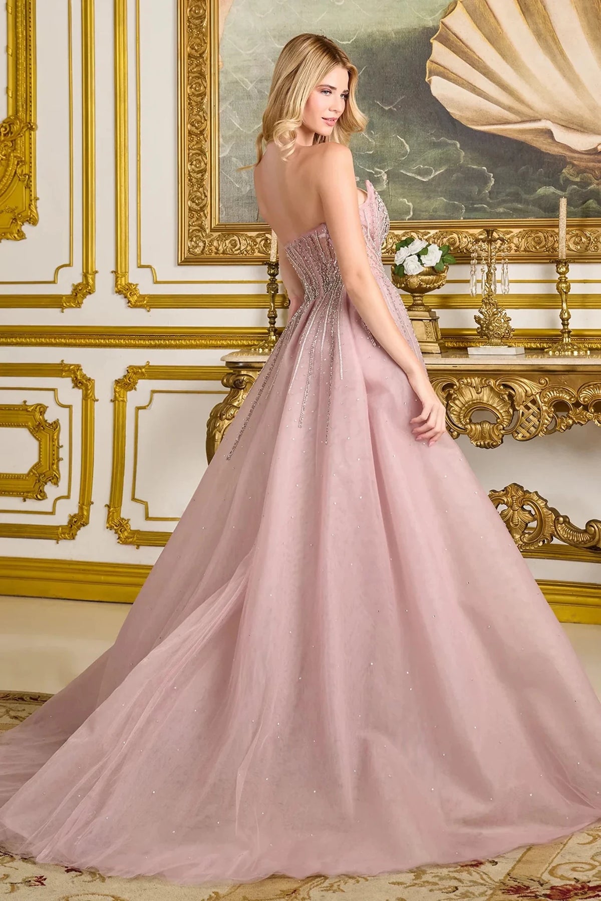 Dusty Rose prom evening dress full back with back detail