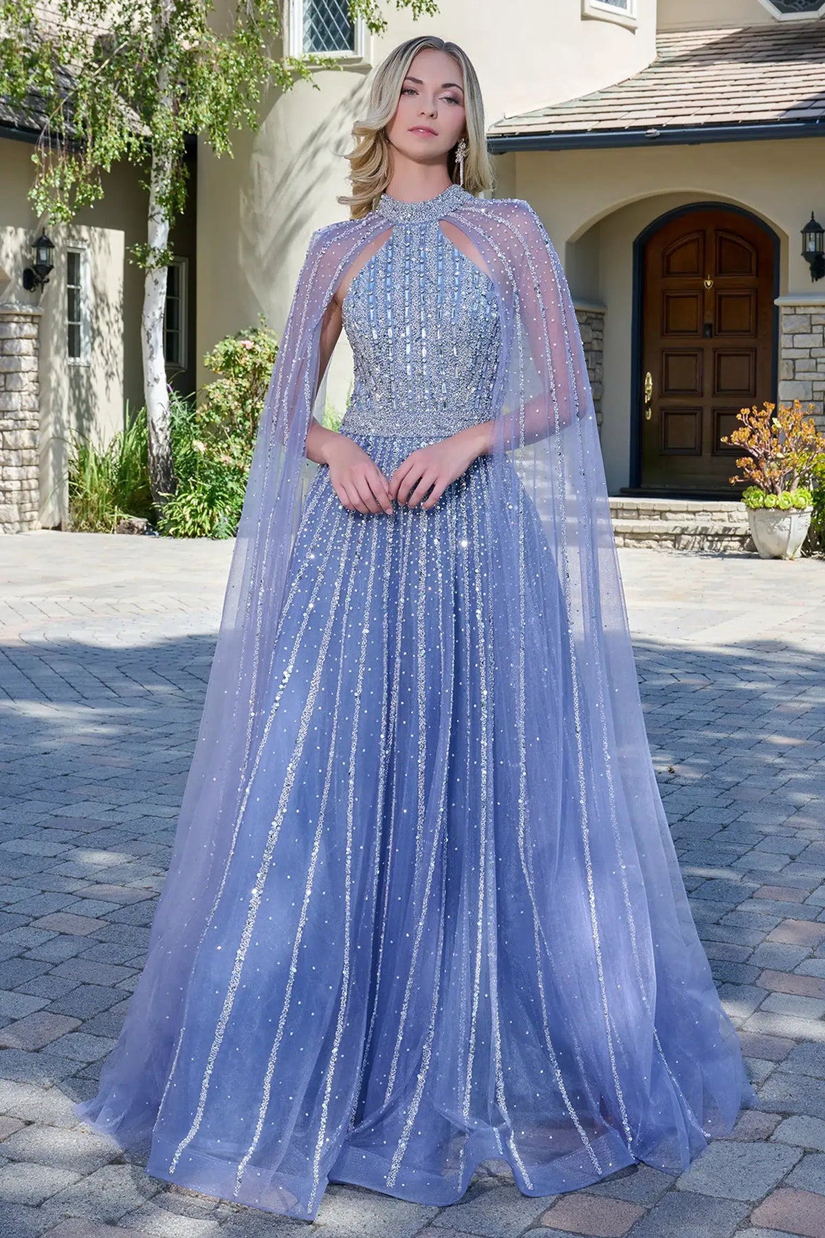 Dusty Blue mother of the bride dress with a mock halter neckline and cape sleeves