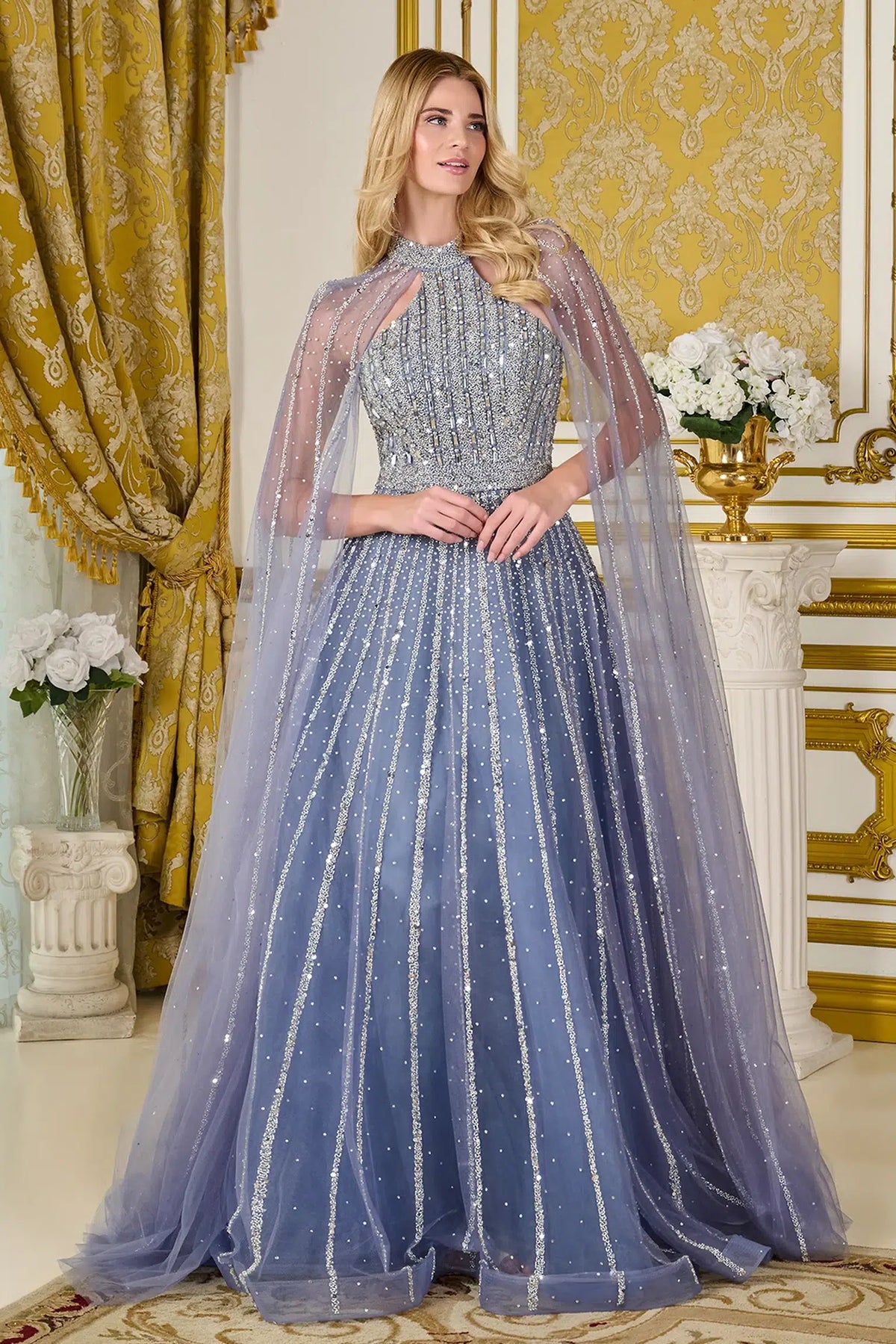 Dusty Blue mother of the bride dress with vertical crystal stripes over the full skirt