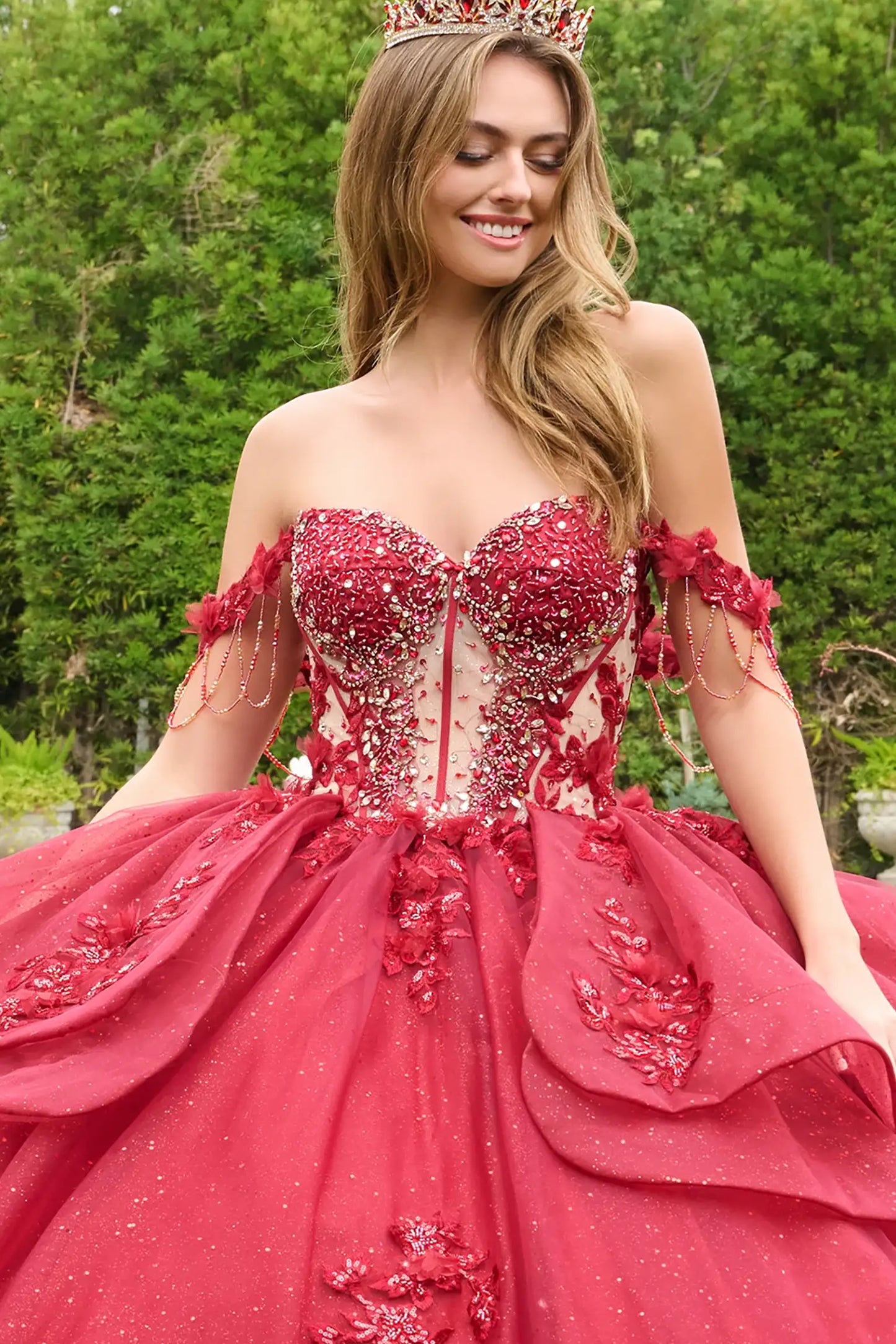 Red quinceañera ball gown with sheer V-neck corset bodice, 3D floral appliqués, beads and sequins
