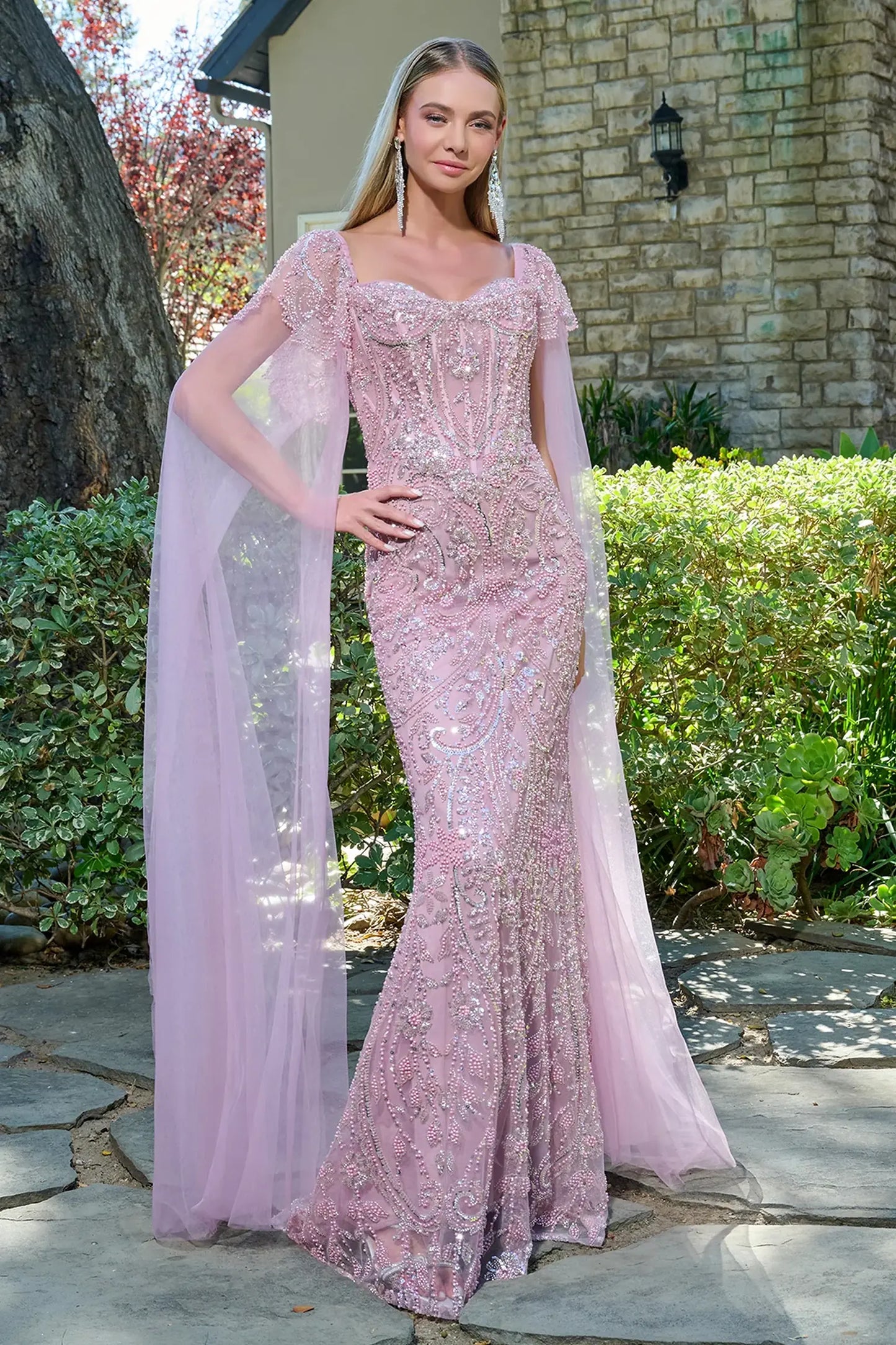 Dusty Rose mesh fitted mother of the bride dress with v-neck
