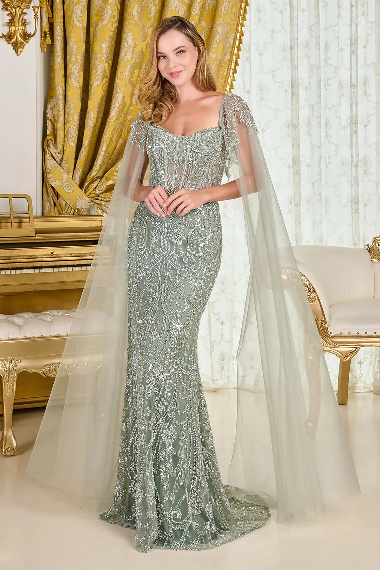 Sage mesh fitted mother of the bride dress with v-neck