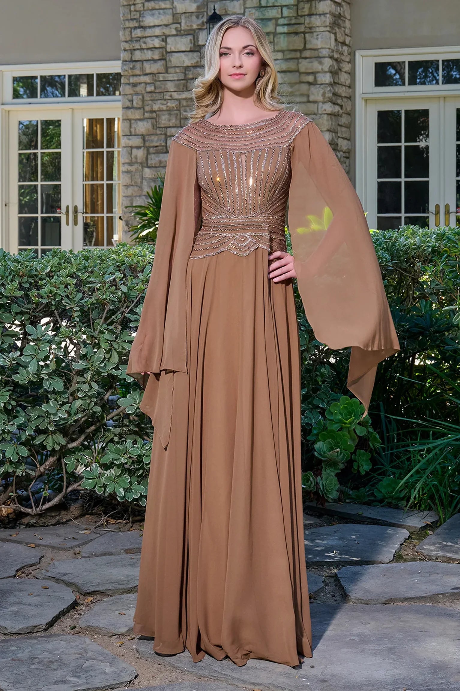 Chocolate Brown chiffon, mesh a-line mother of the bride dress with scoop-neck