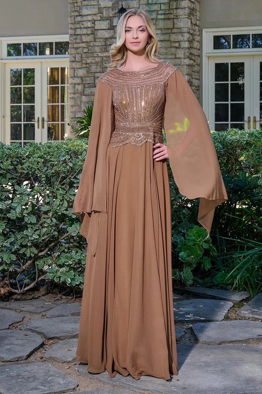 Detailed view highlights Chocolate Brown Embellished Brown chiffon, mesh a-line mother of the bride dress with scoop-neck.