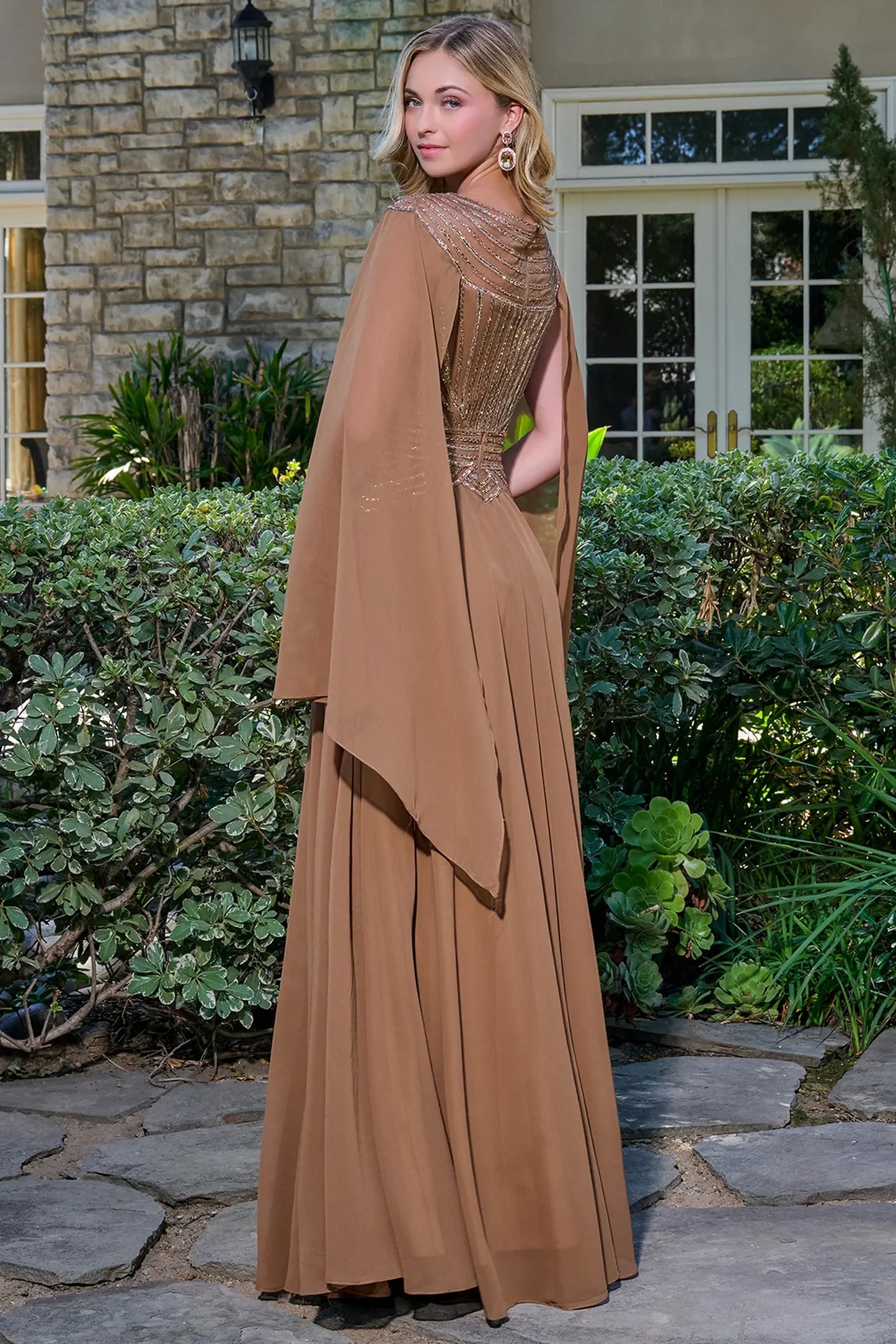 Chocolate Brown a-line mother of the bride dress with concealed zipper back and cape sleeve