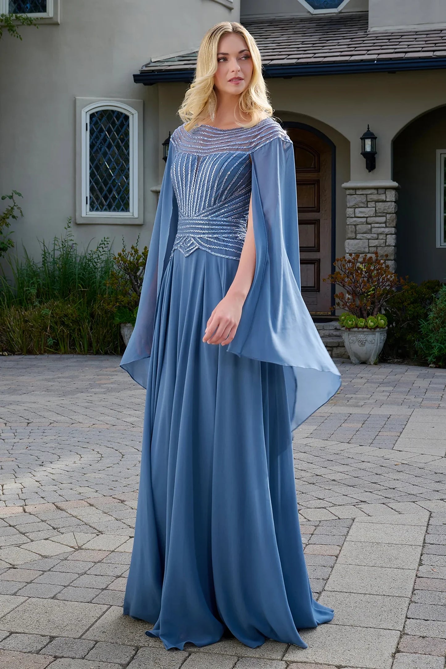Smoky Blue chiffon, mesh a-line mother of the bride dress with scoop-neck