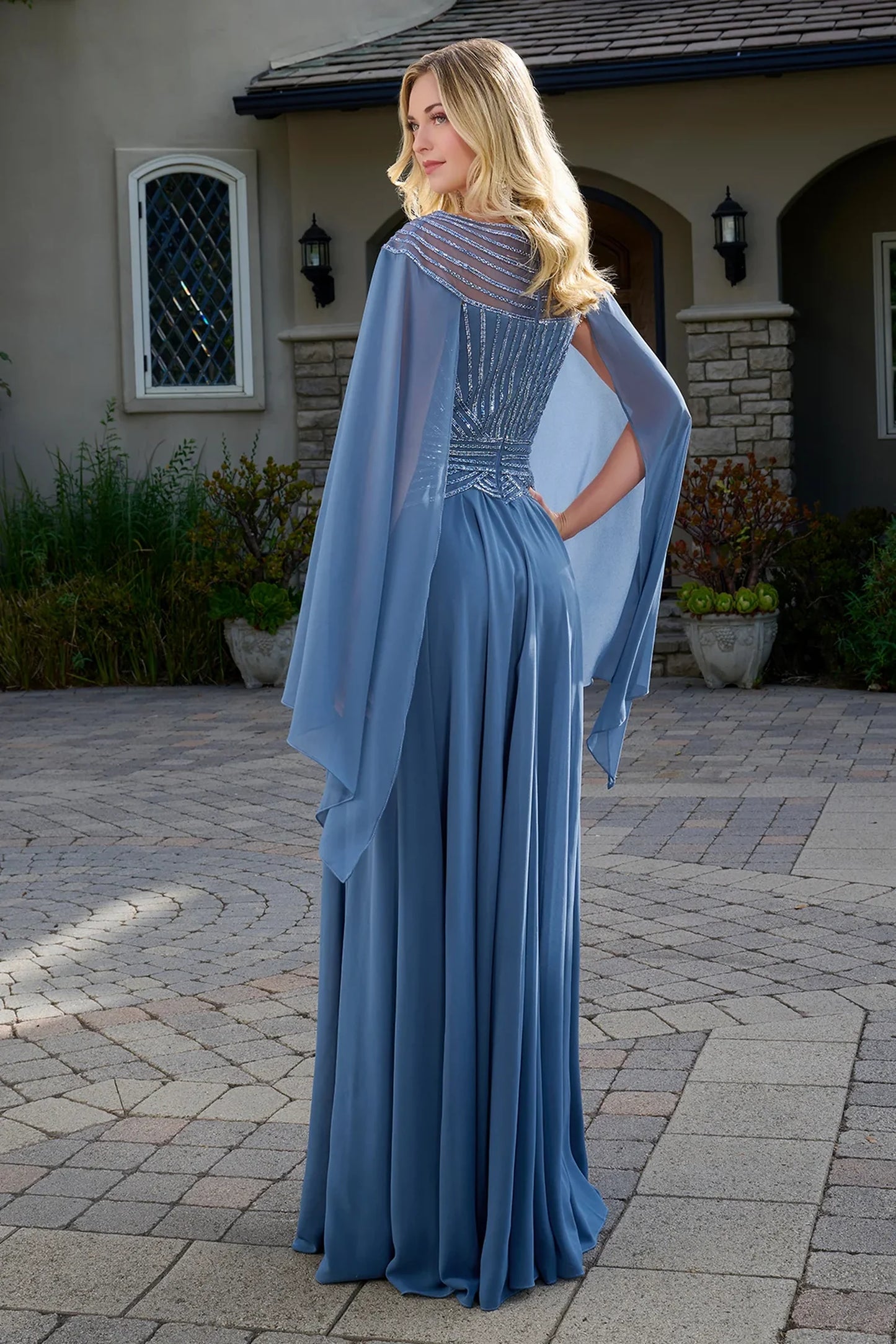 Smoky Blue a-line mother of the bride dress with concealed zipper back and cape sleeve