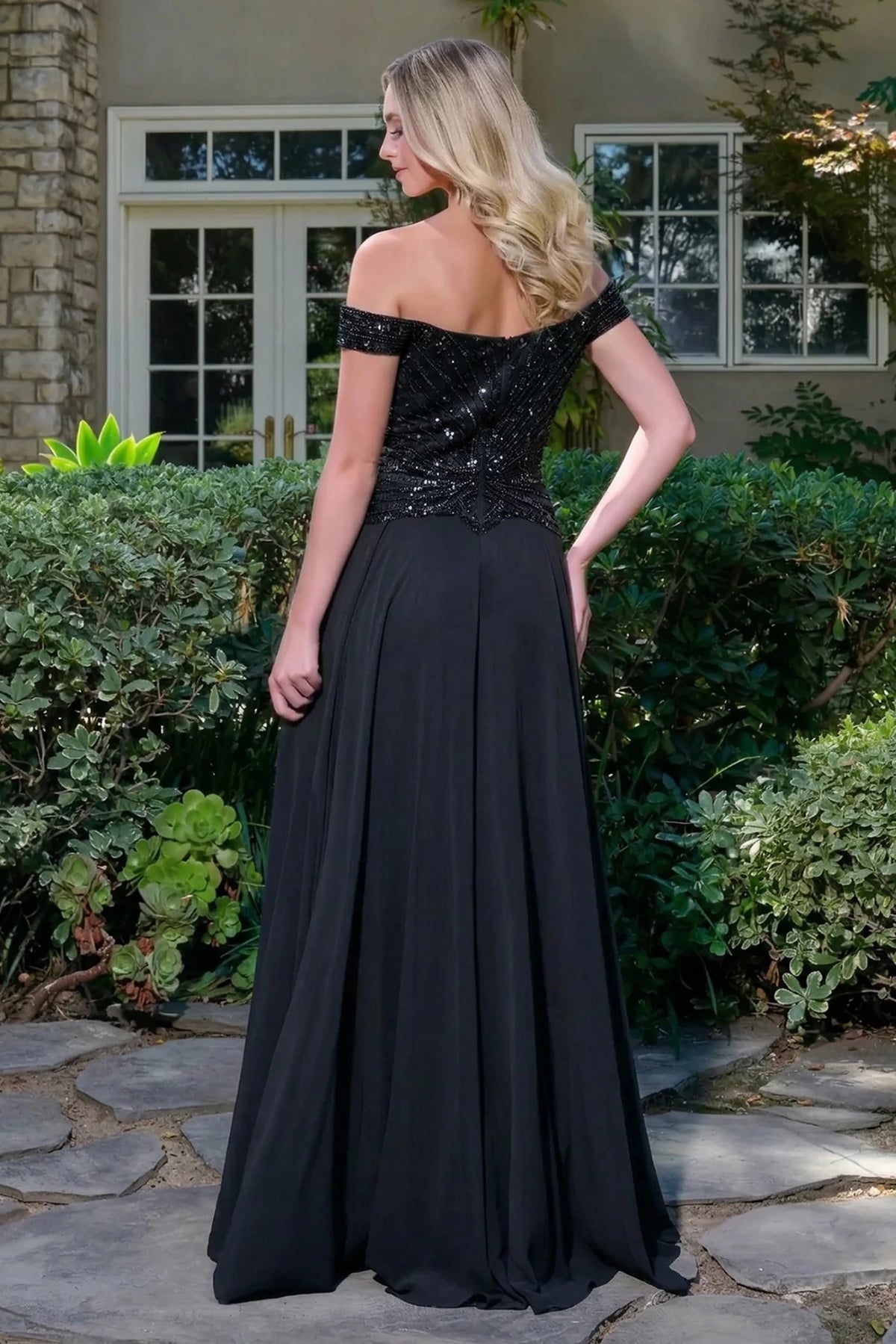 Black beaded off-shoulder prom evening dress full back of the dress