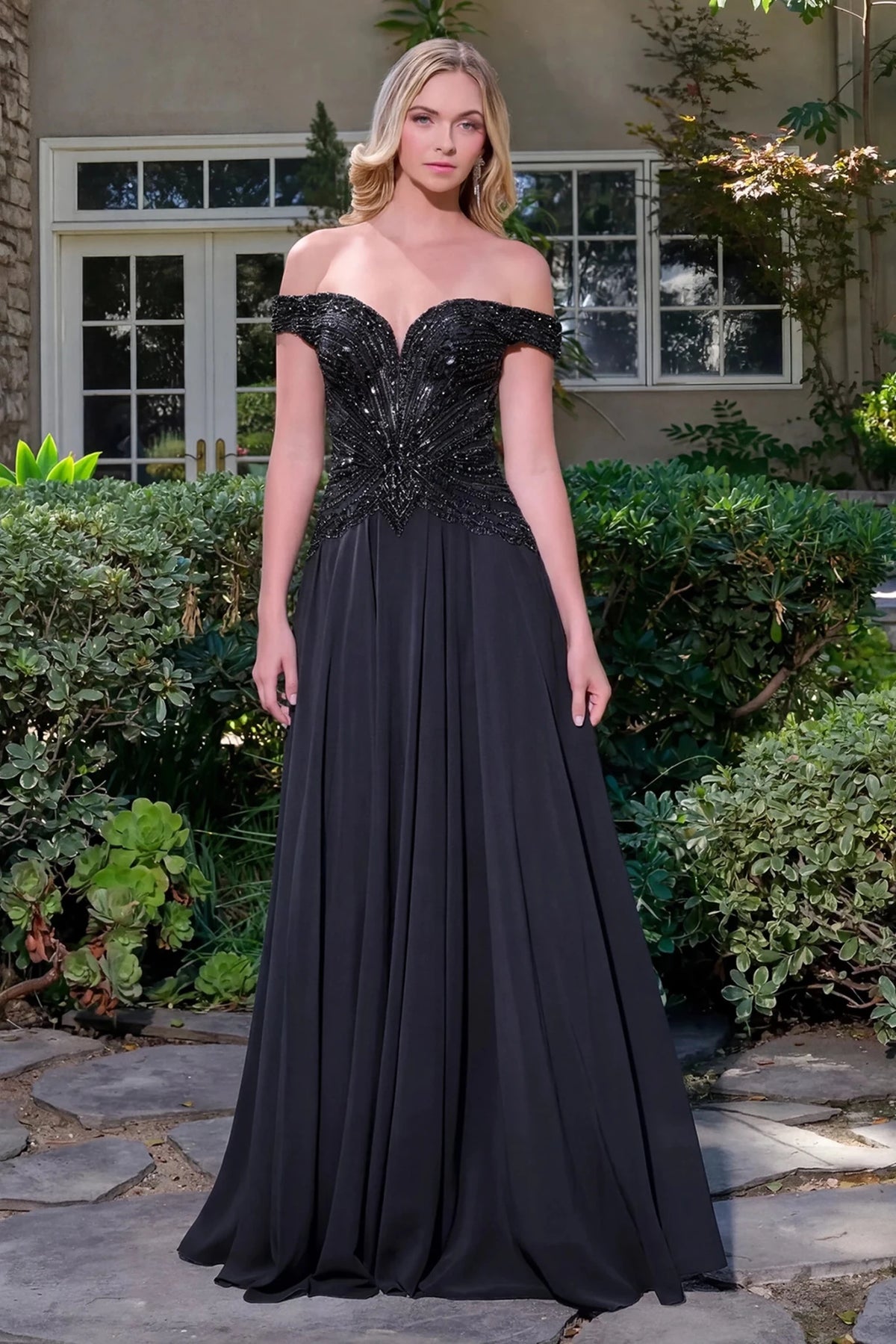Black v-neck prom evening dress upper front with jewel
