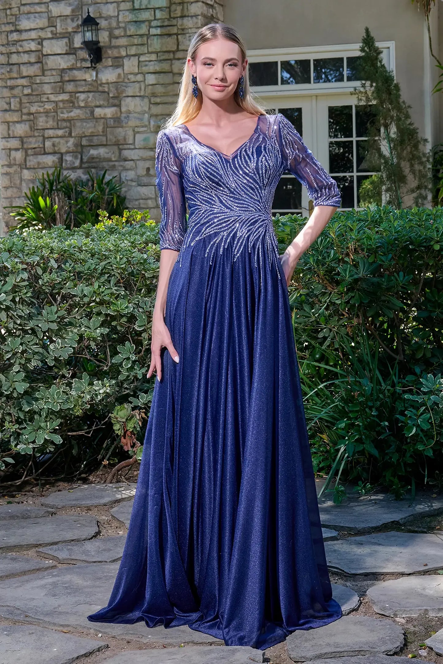 Navy jersey, mesh a-line mother of the bride dress with v-neck