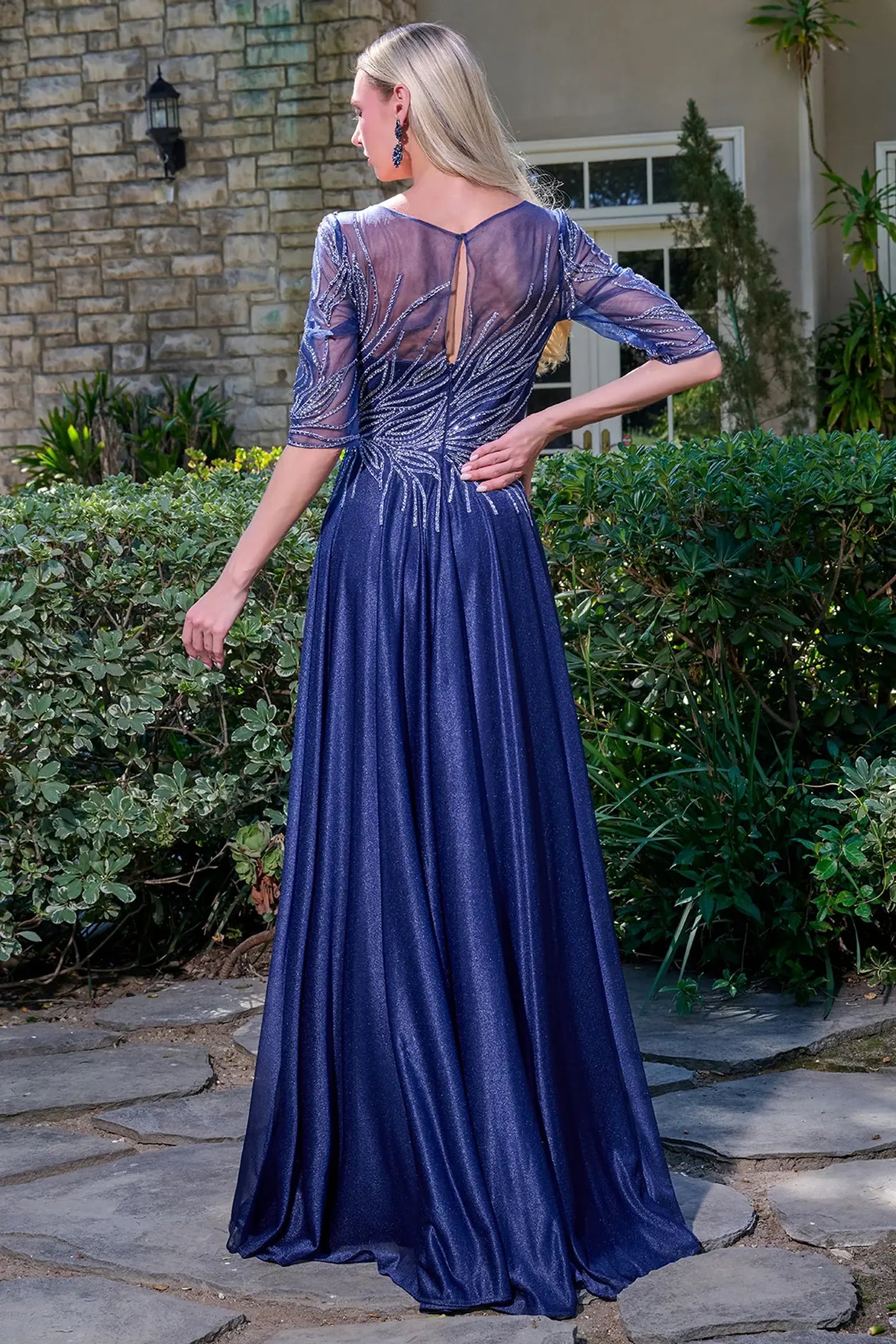 Navy a-line mother of the bride dress with concealed zipper back and 1/2 sleeve