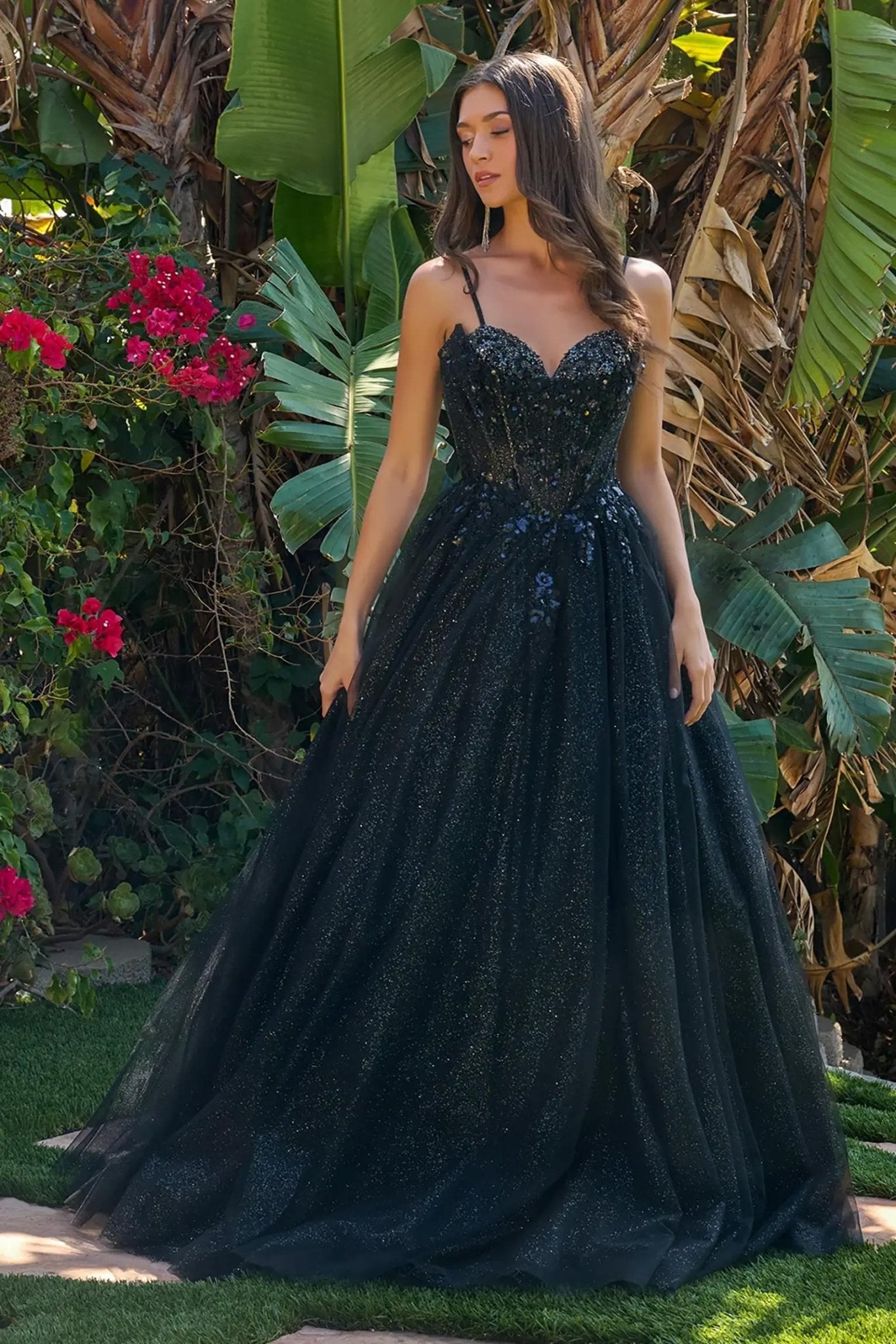 Black evening dress with beads, embroidery, sequin glitter, V-neck and a line gown