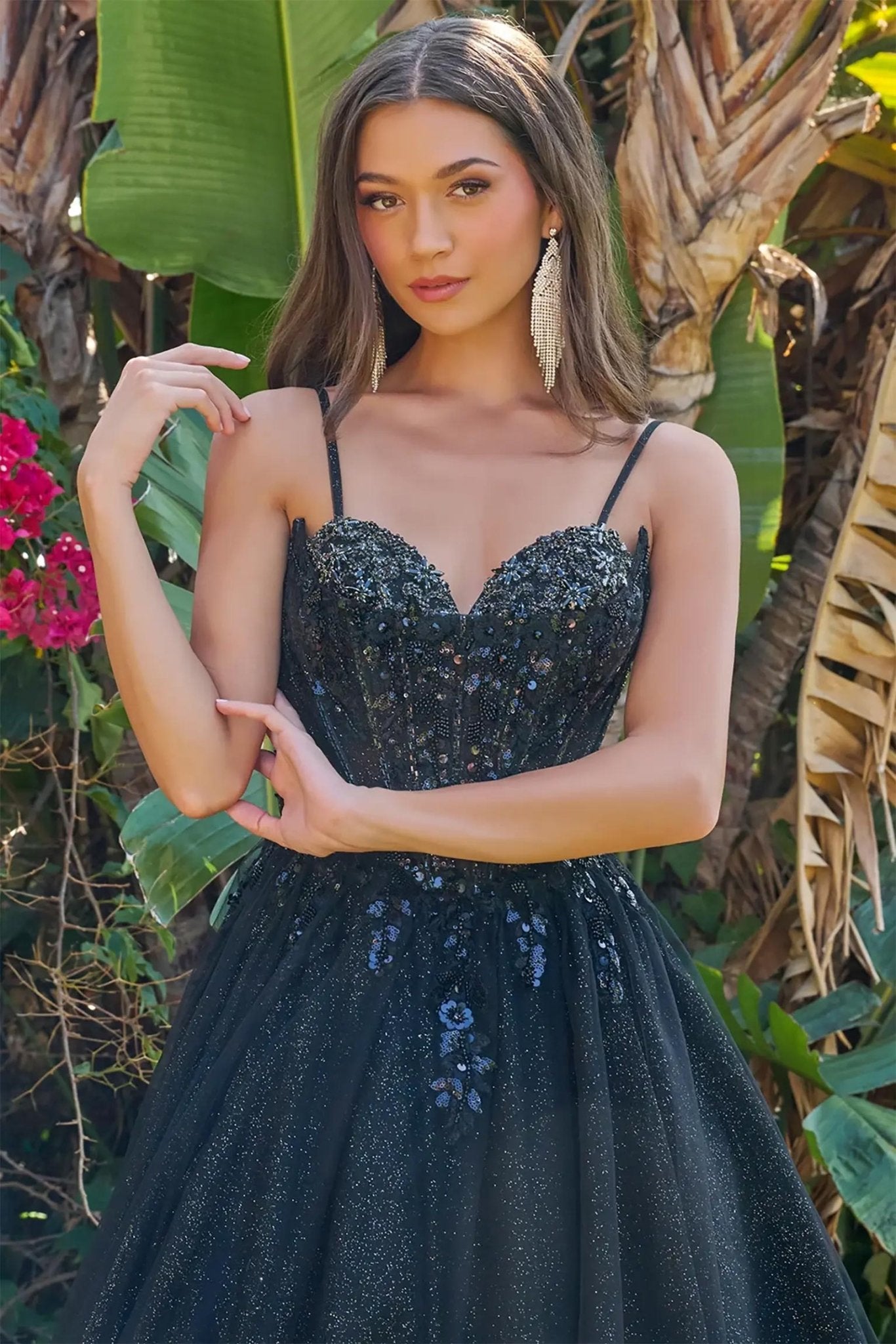 Black sequined formal evening dress with glitter, v-neck, spaghetti straps 