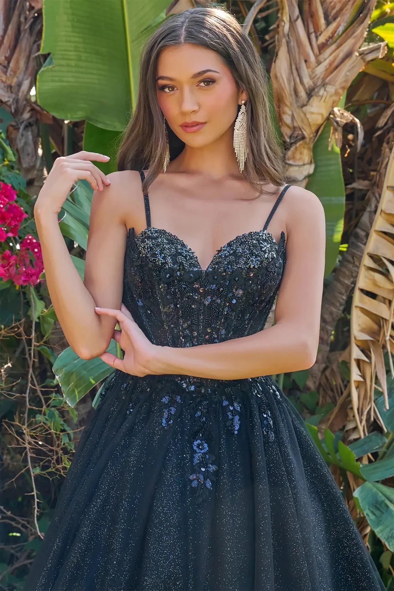 Black sequined formal evening dress with glitter, v-neck, spaghetti straps 